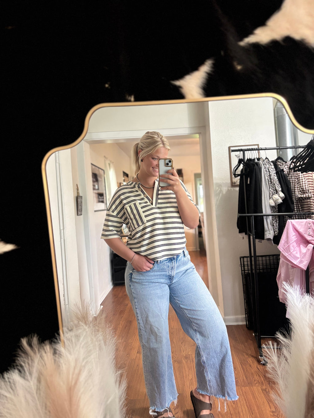 Black and White Striped Half Button Shirt
