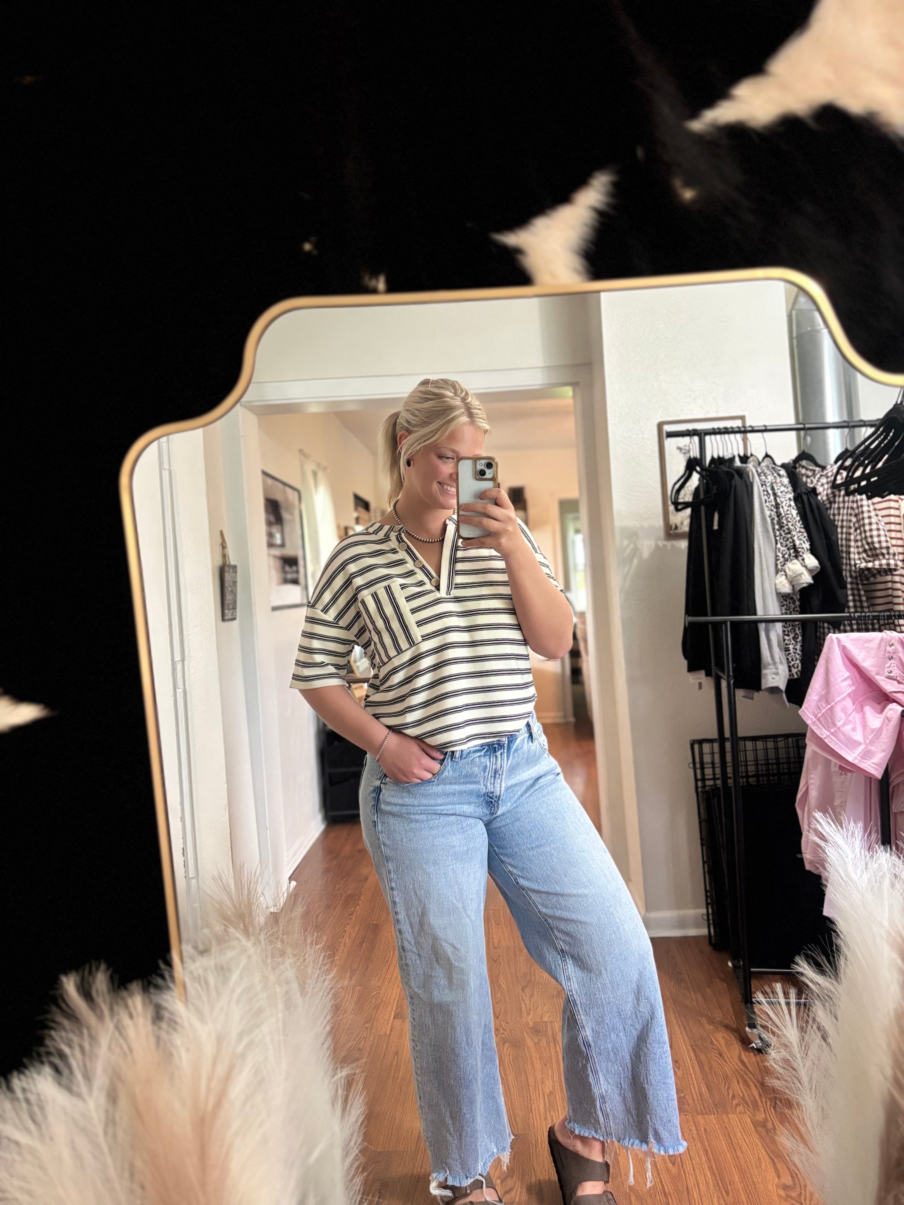 Black and White Striped Half Button Shirt
