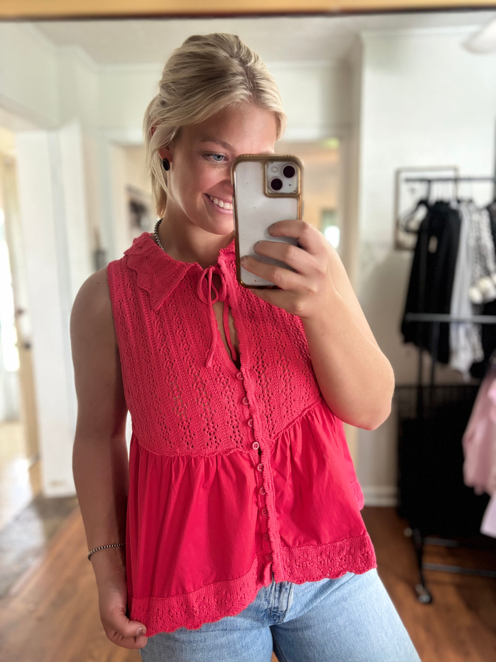 Red Knit Collard Button Tank