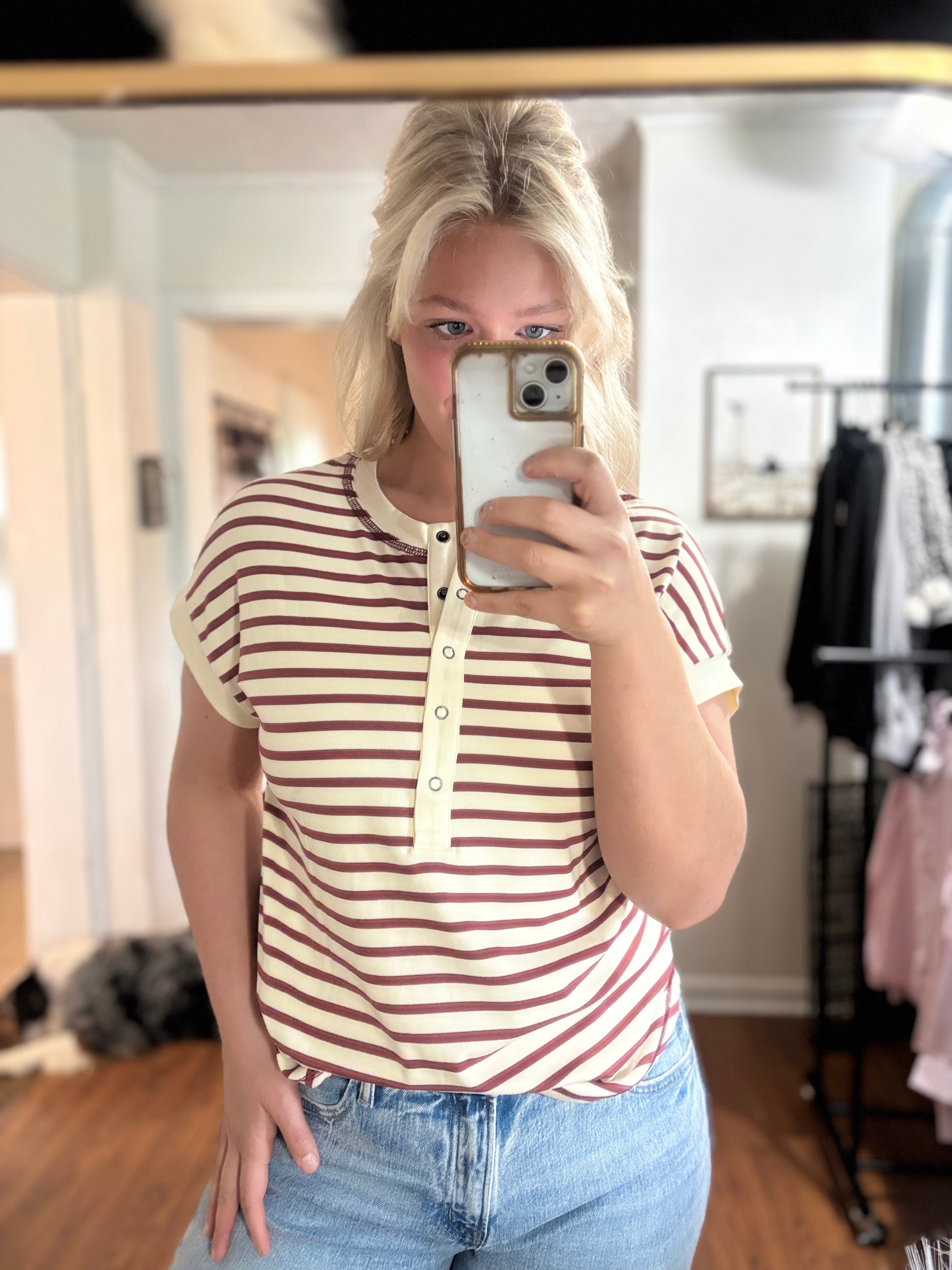 Maroon Striped Half Buttoned Blouse