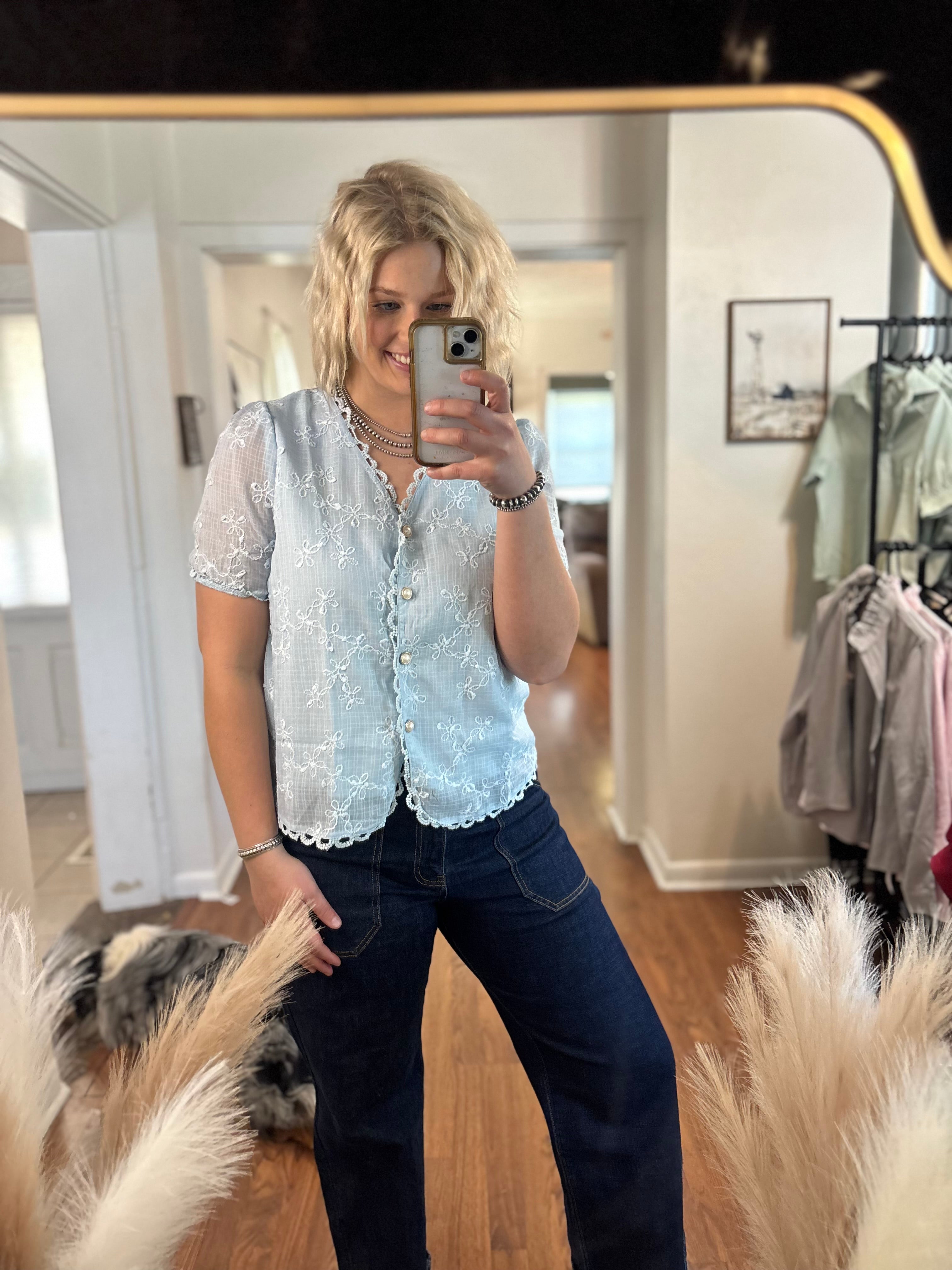 Baby Blue Lace Trim Blouse