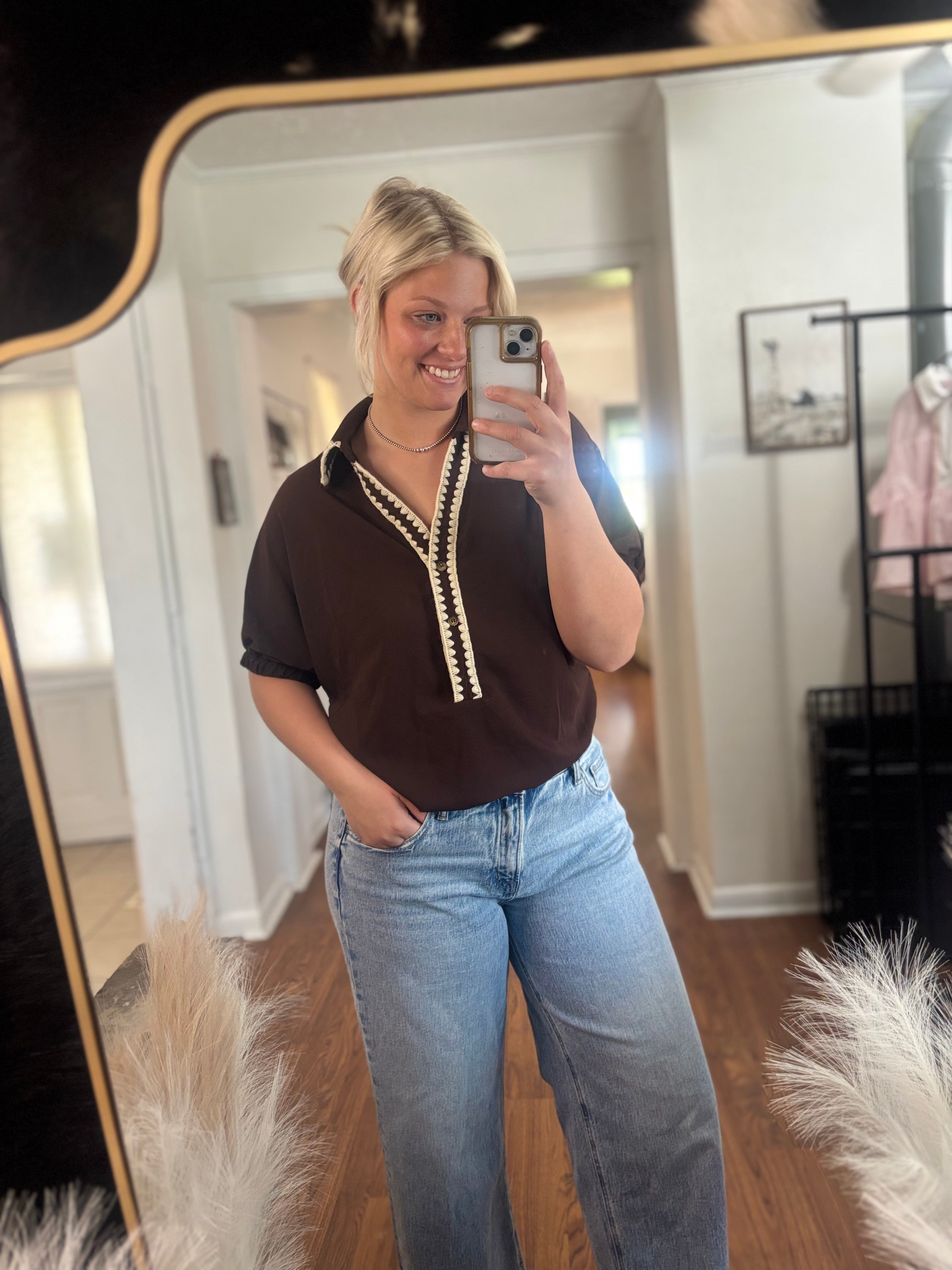 Dark Brown Detailed Collard Short Sleeve Blouse