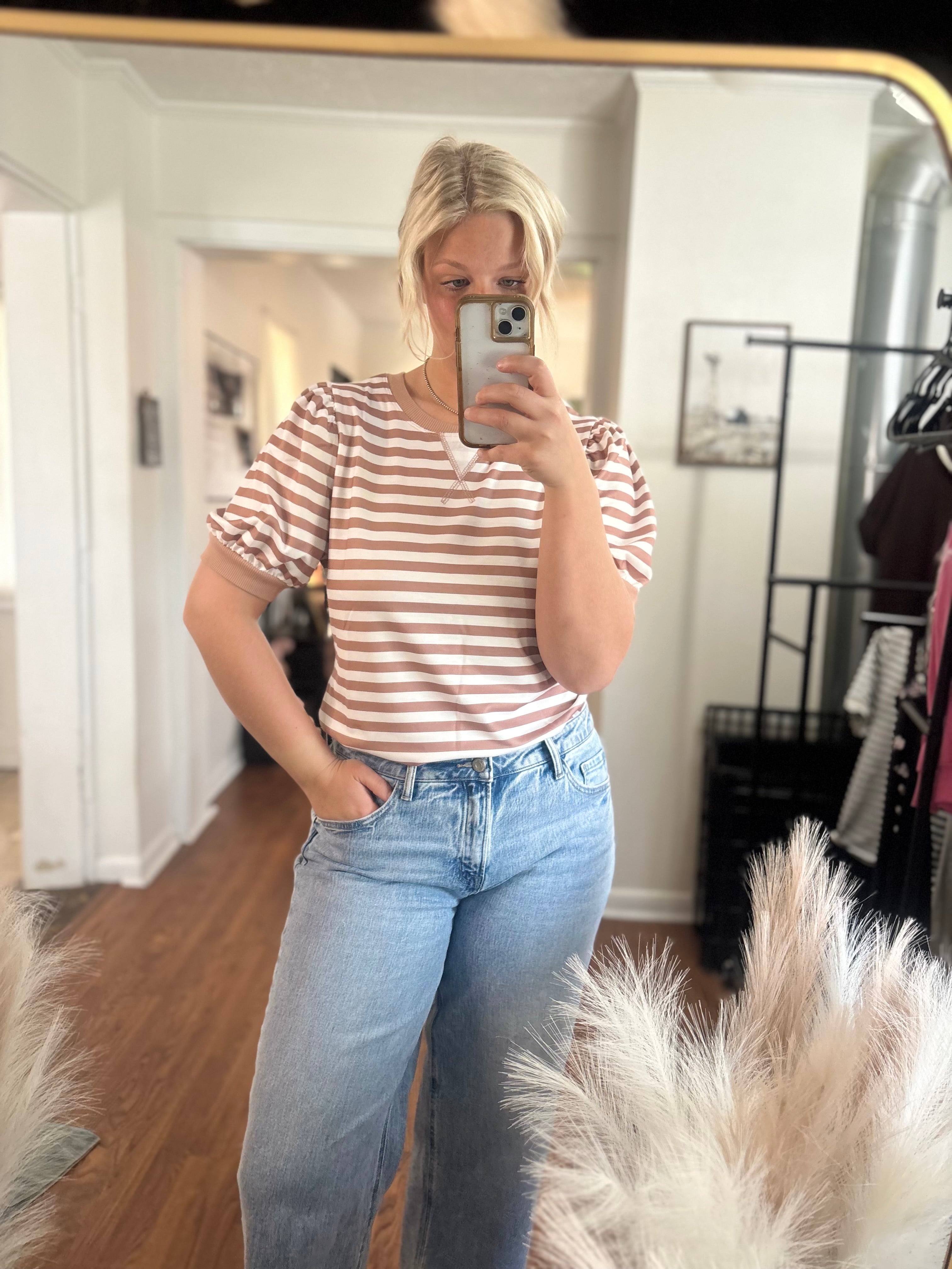 Khaki Bubble Sleeve Striped T-Shirt