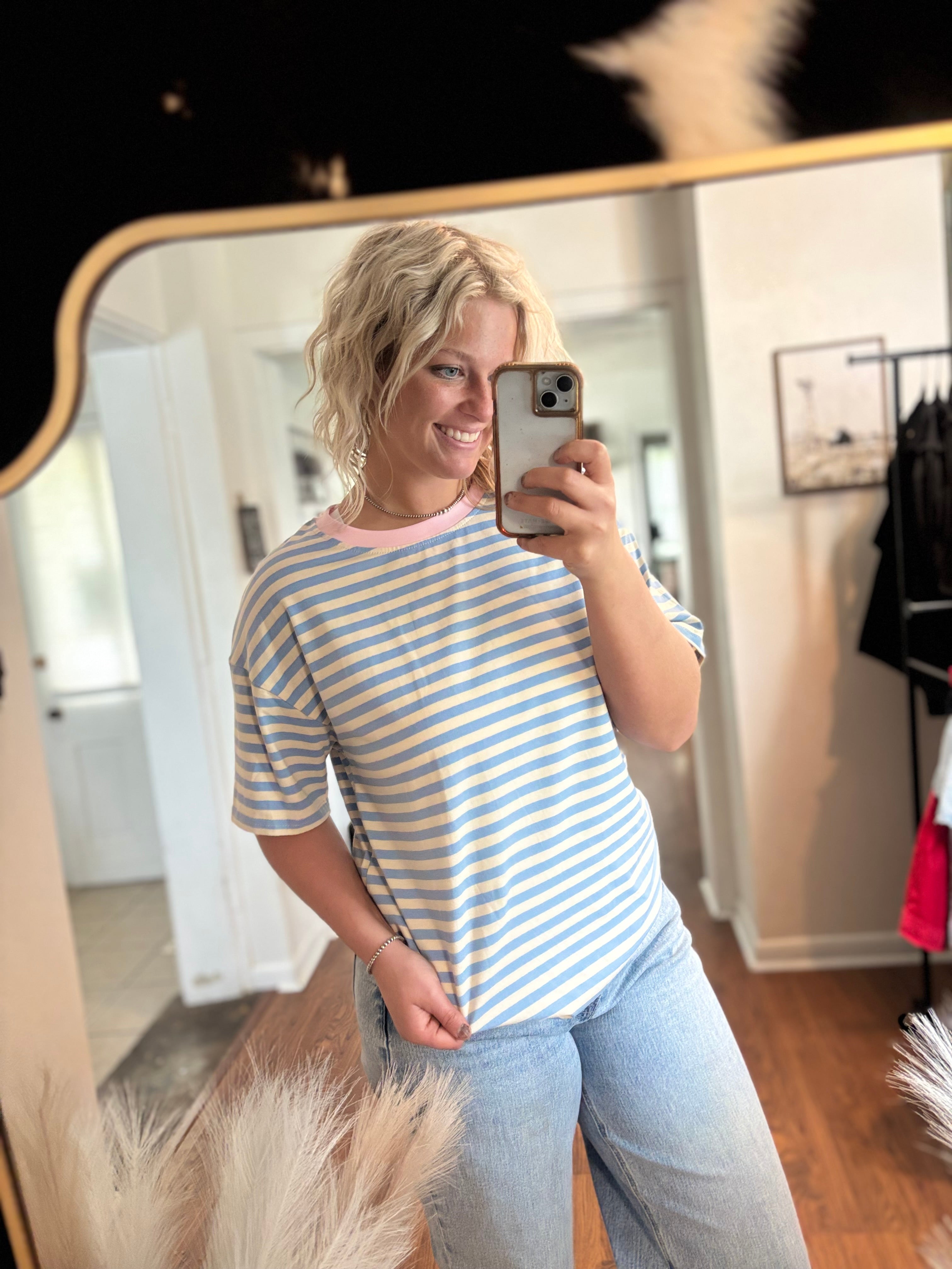 Baby Blue and Pink Trim Striped Basic T-Shirt