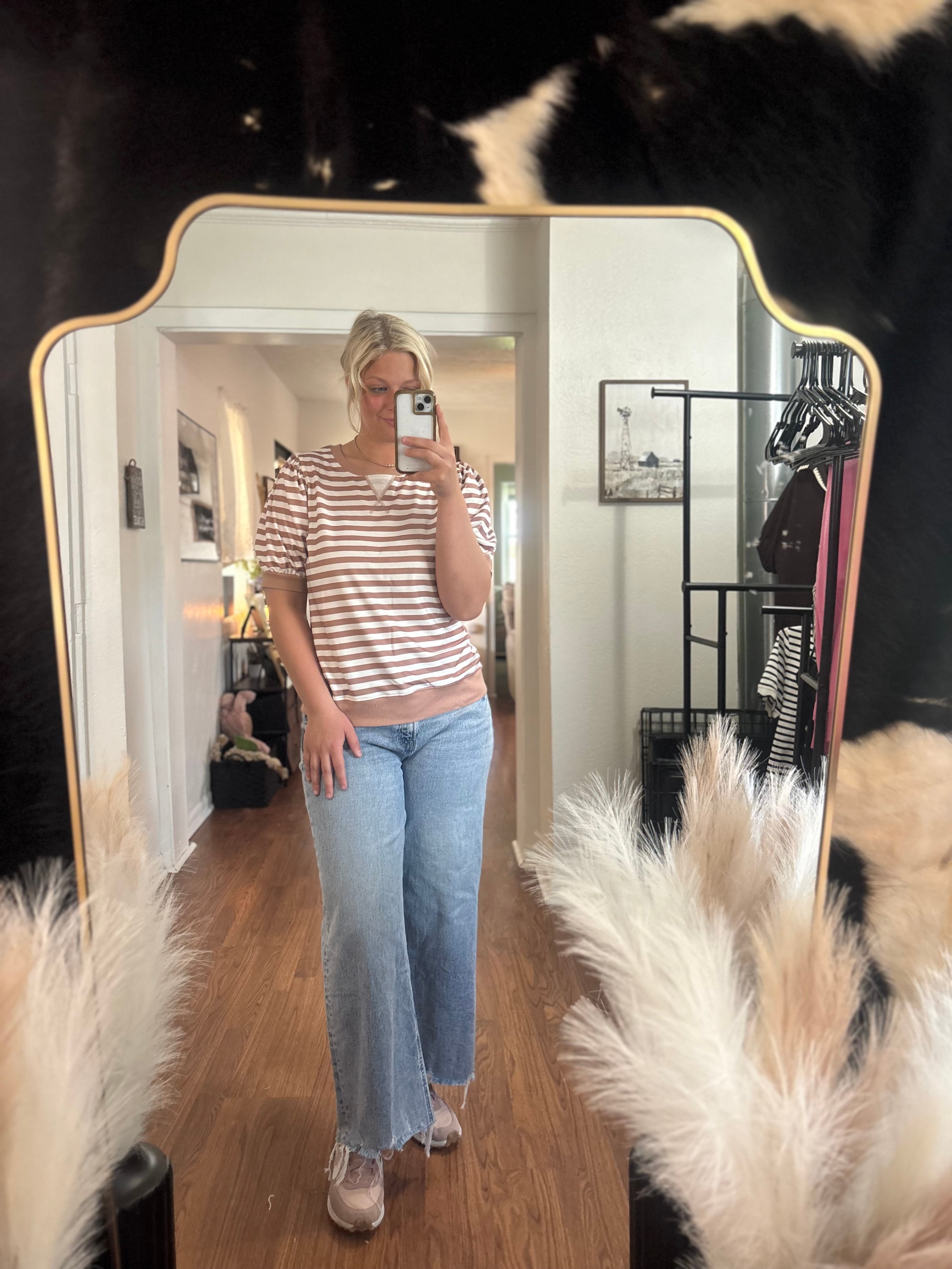 Khaki Bubble Sleeve Striped T-Shirt