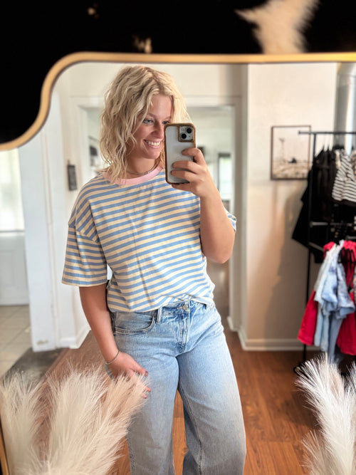 Baby Blue and Pink Trim Striped Basic T-Shirt