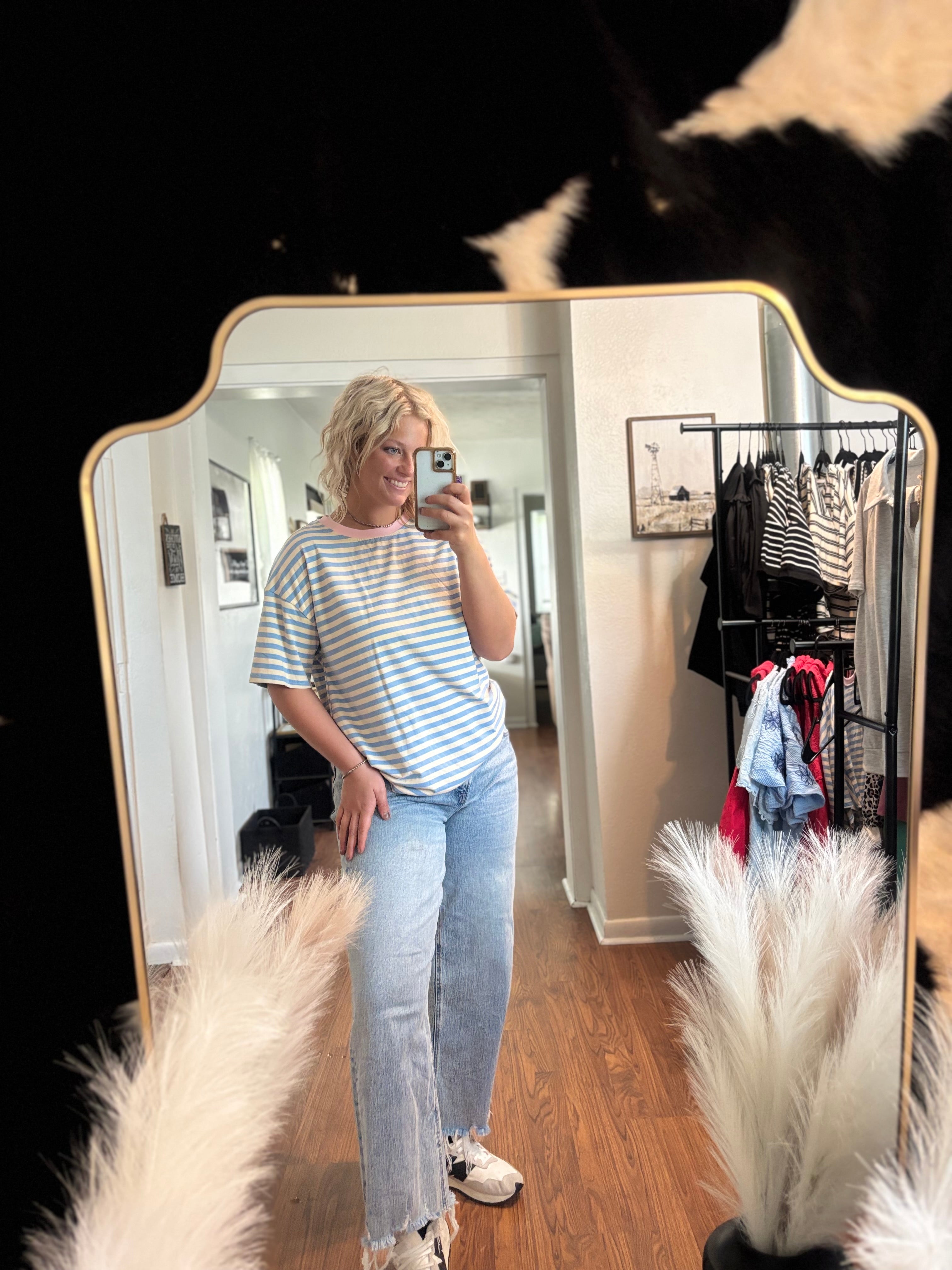 Baby Blue and Pink Trim Striped Basic T-Shirt