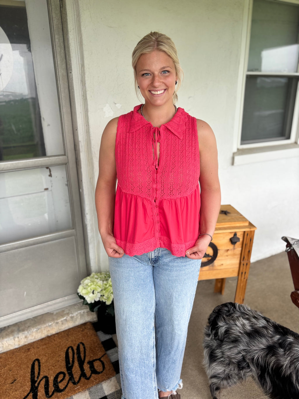 Red Knit Collard Button Tank
