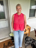 Red Knit Collard Button Tank