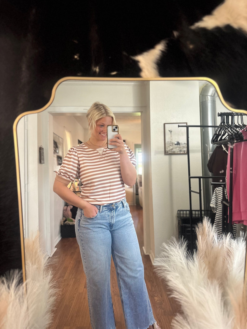 Khaki Bubble Sleeve Striped T-Shirt