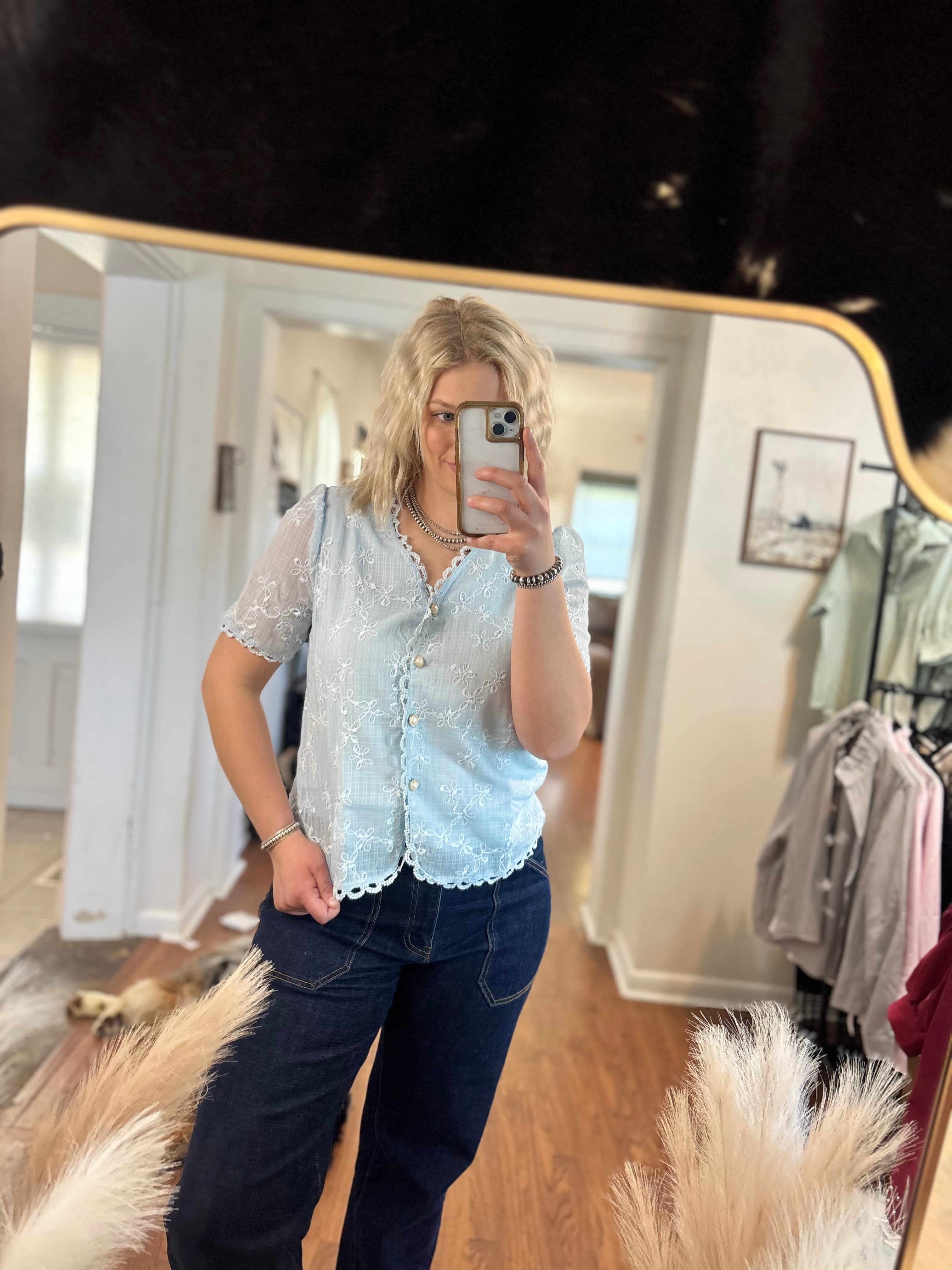 Baby Blue Lace Trim Blouse