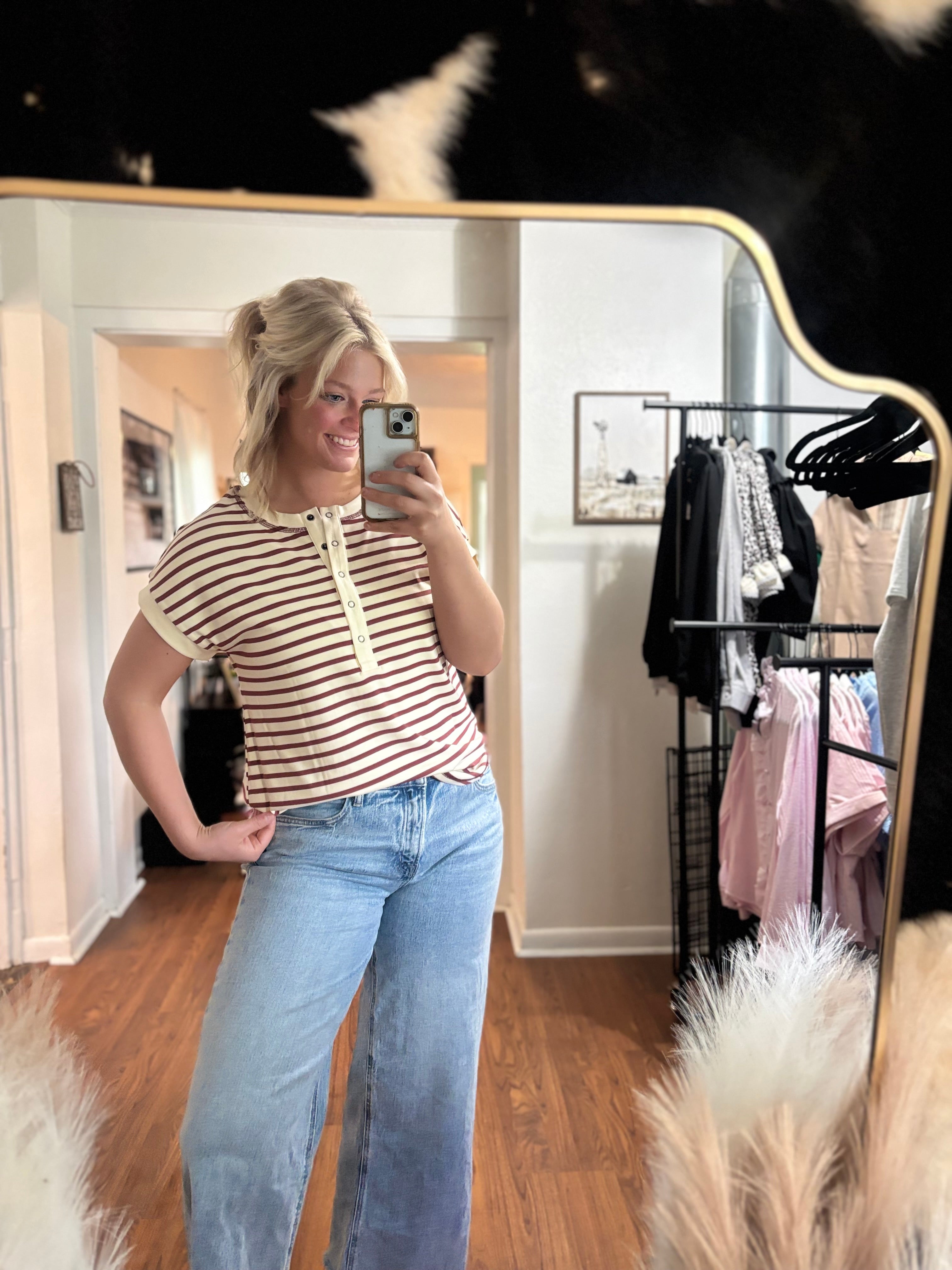Maroon Striped Half Buttoned Blouse