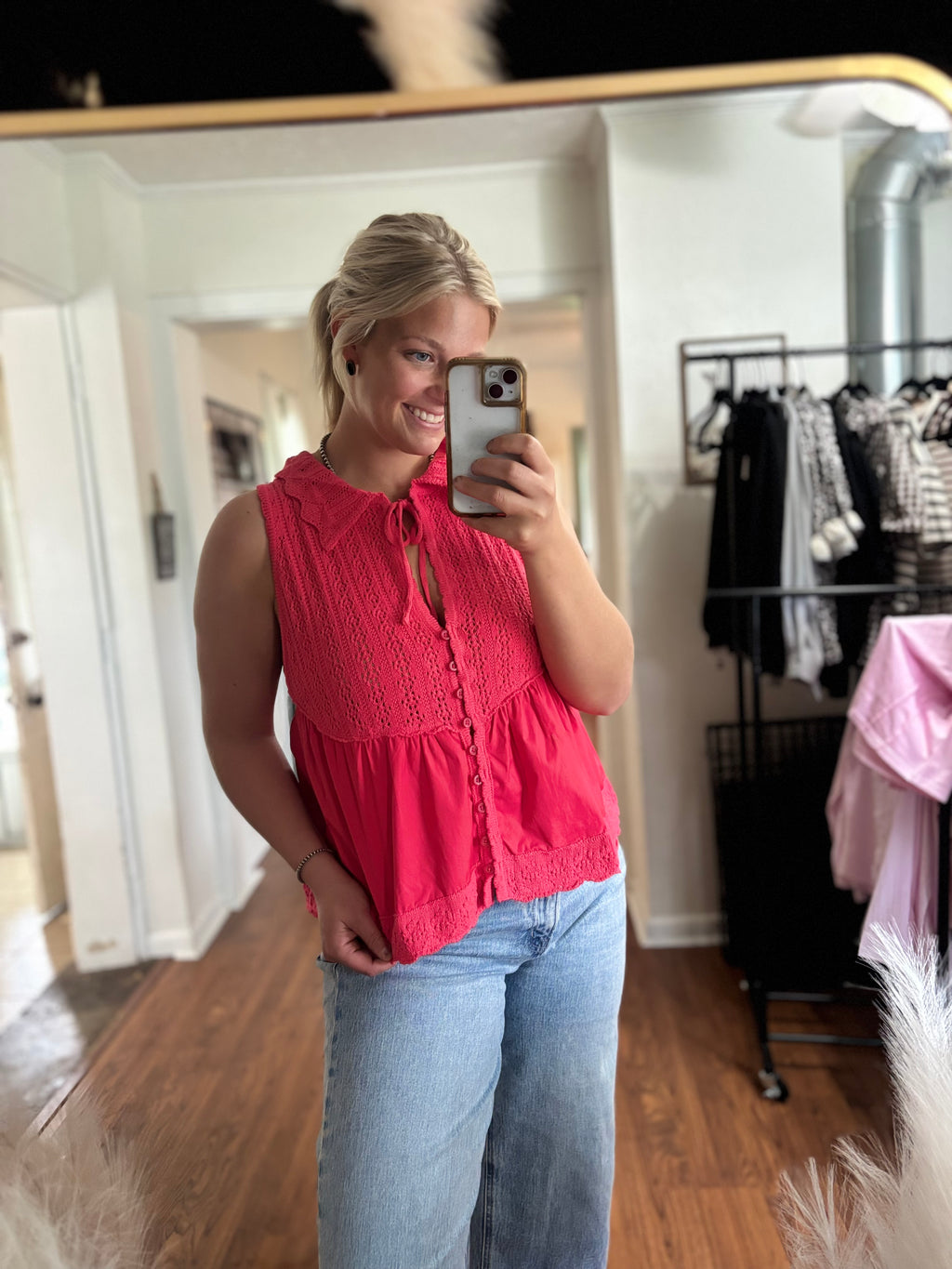 Red Knit Collard Button Tank