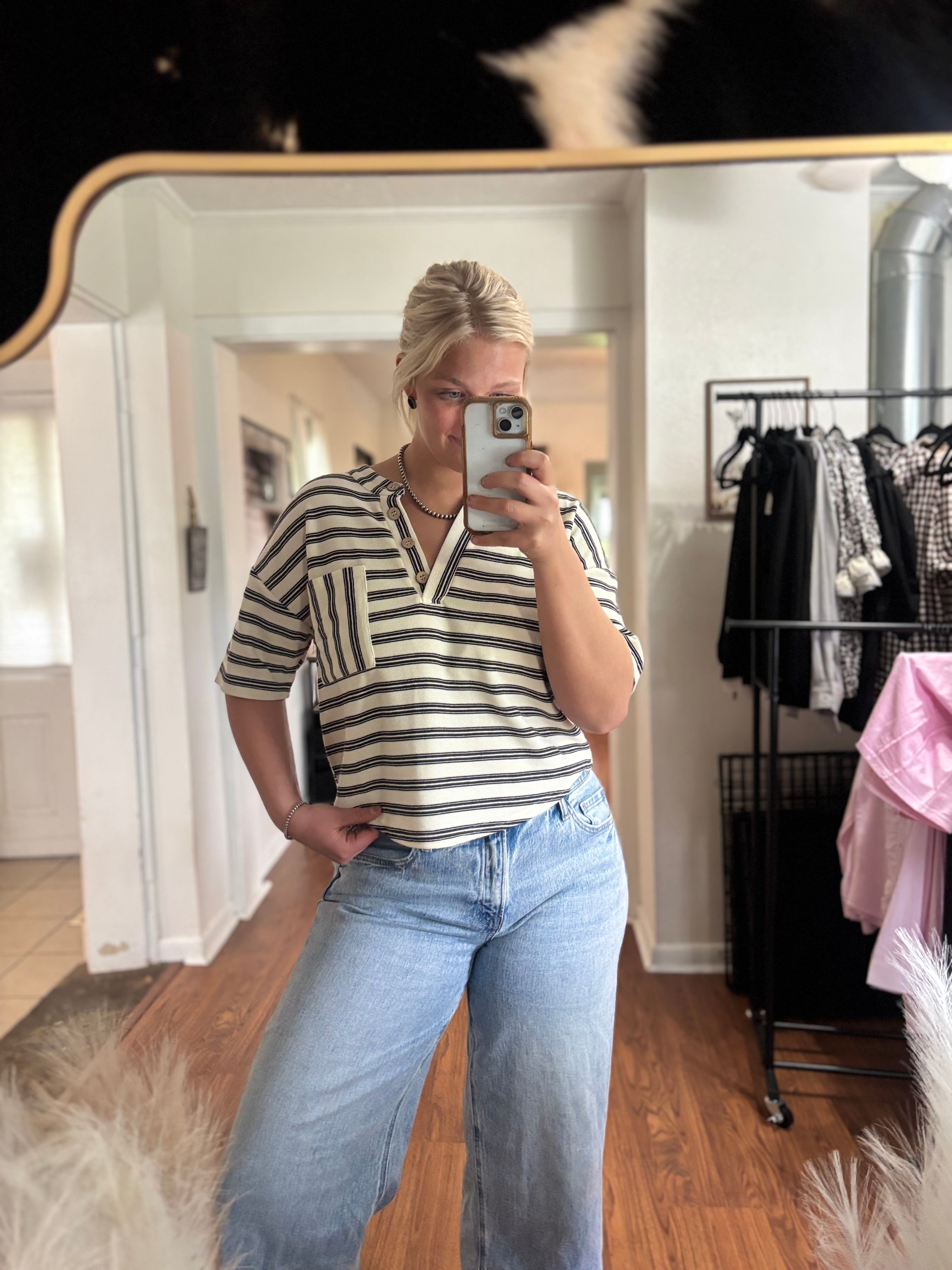 Black and White Striped Half Button Shirt