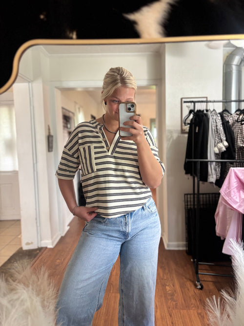 Black and White Striped Half Button Shirt