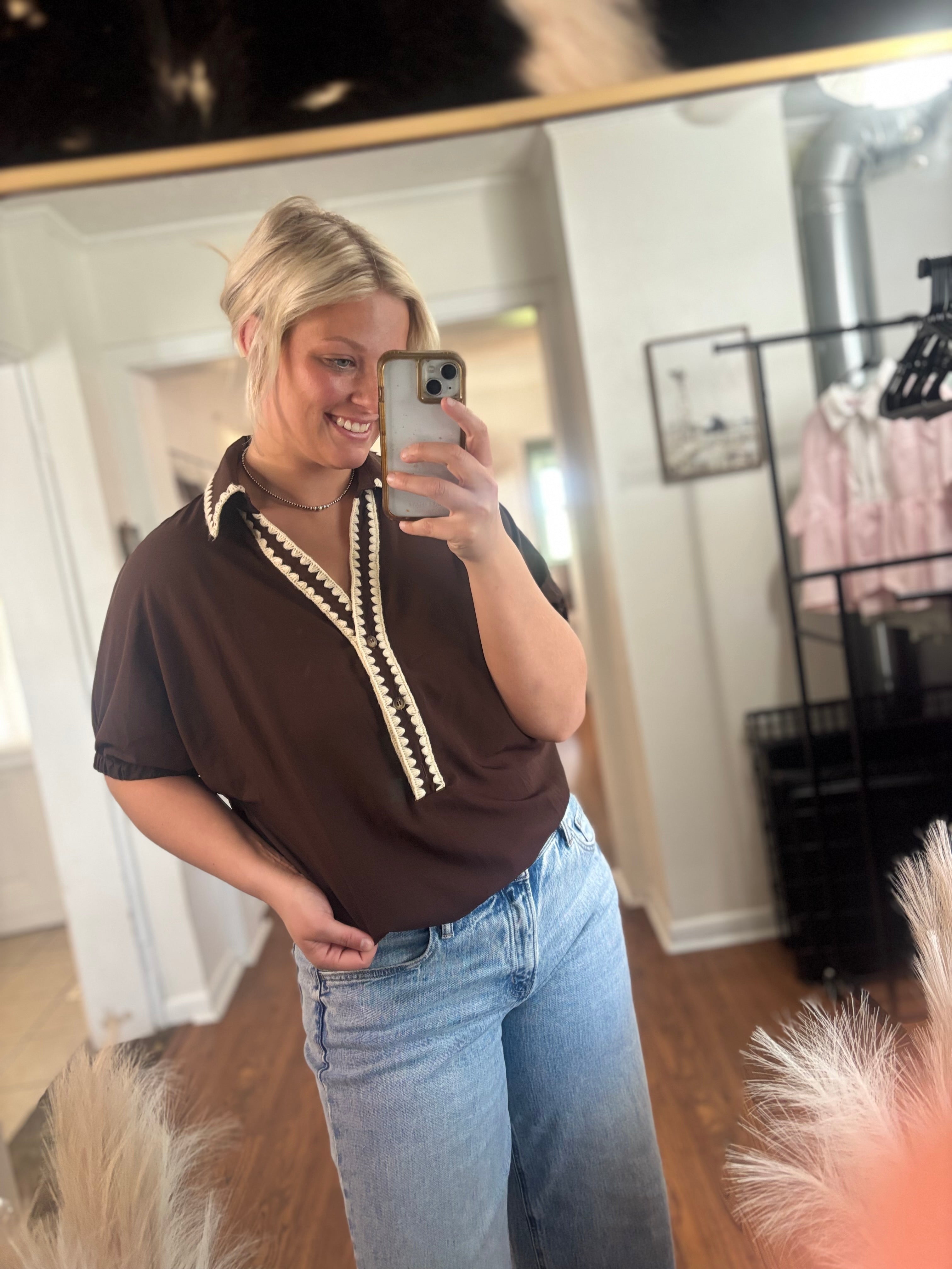 Dark Brown Detailed Collard Short Sleeve Blouse