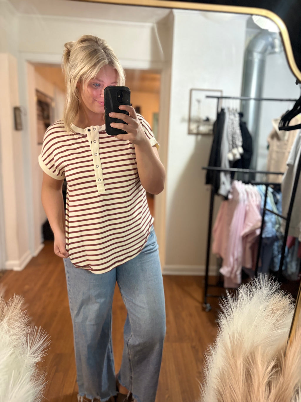 Maroon Striped Half Buttoned Blouse