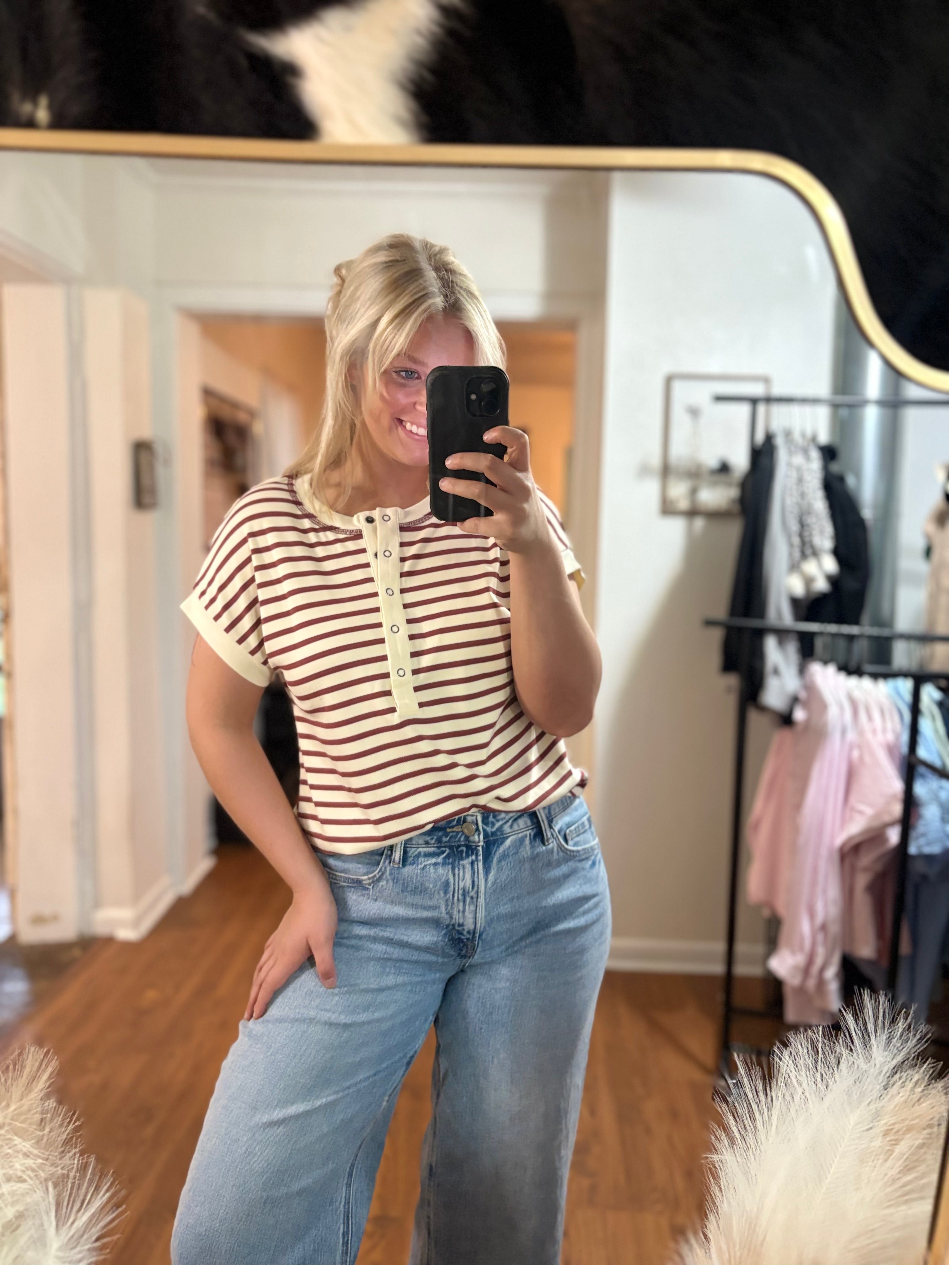 Maroon Striped Half Buttoned Blouse