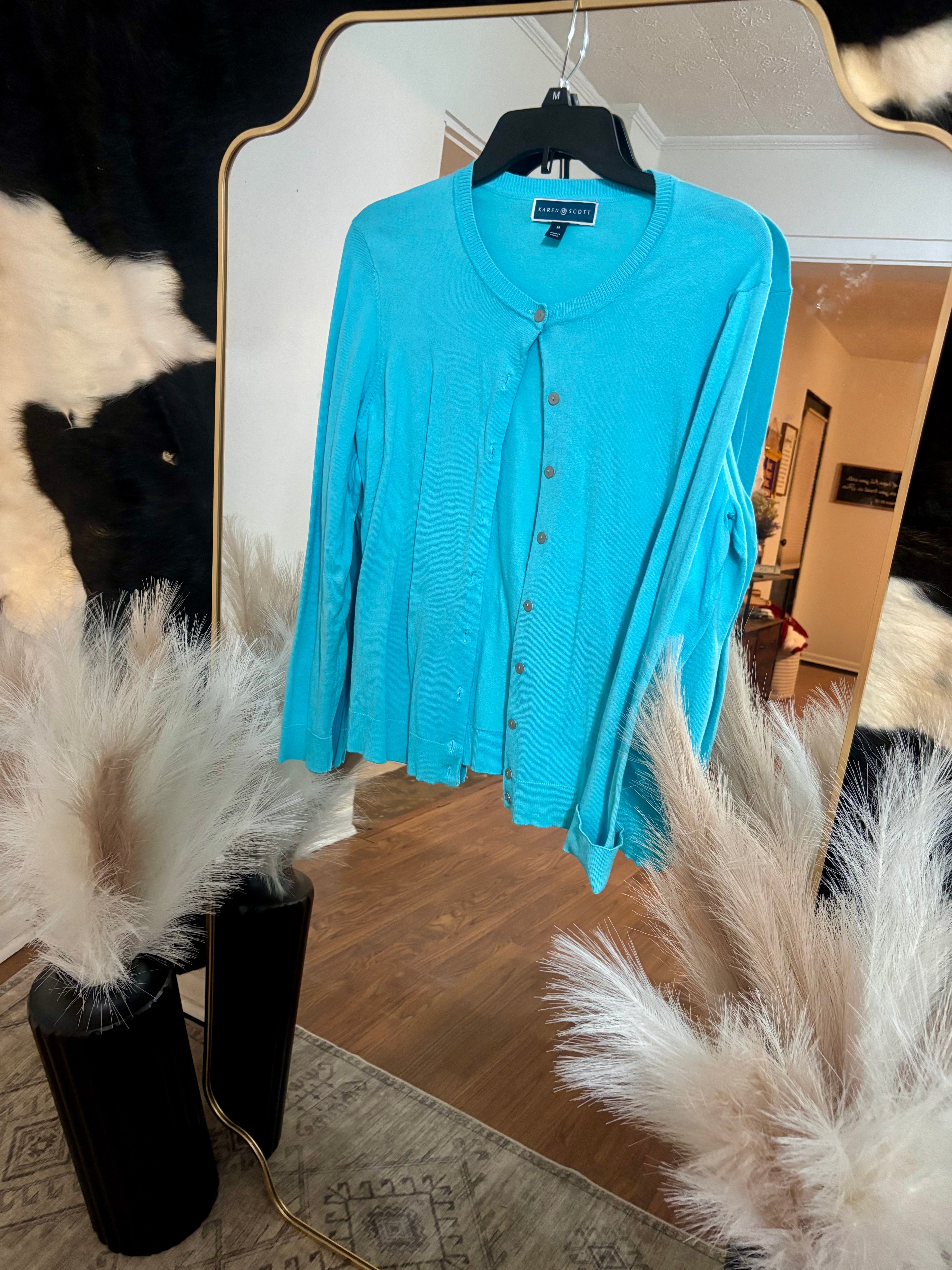 Medium Karen Scot Light Blue Button Sweater