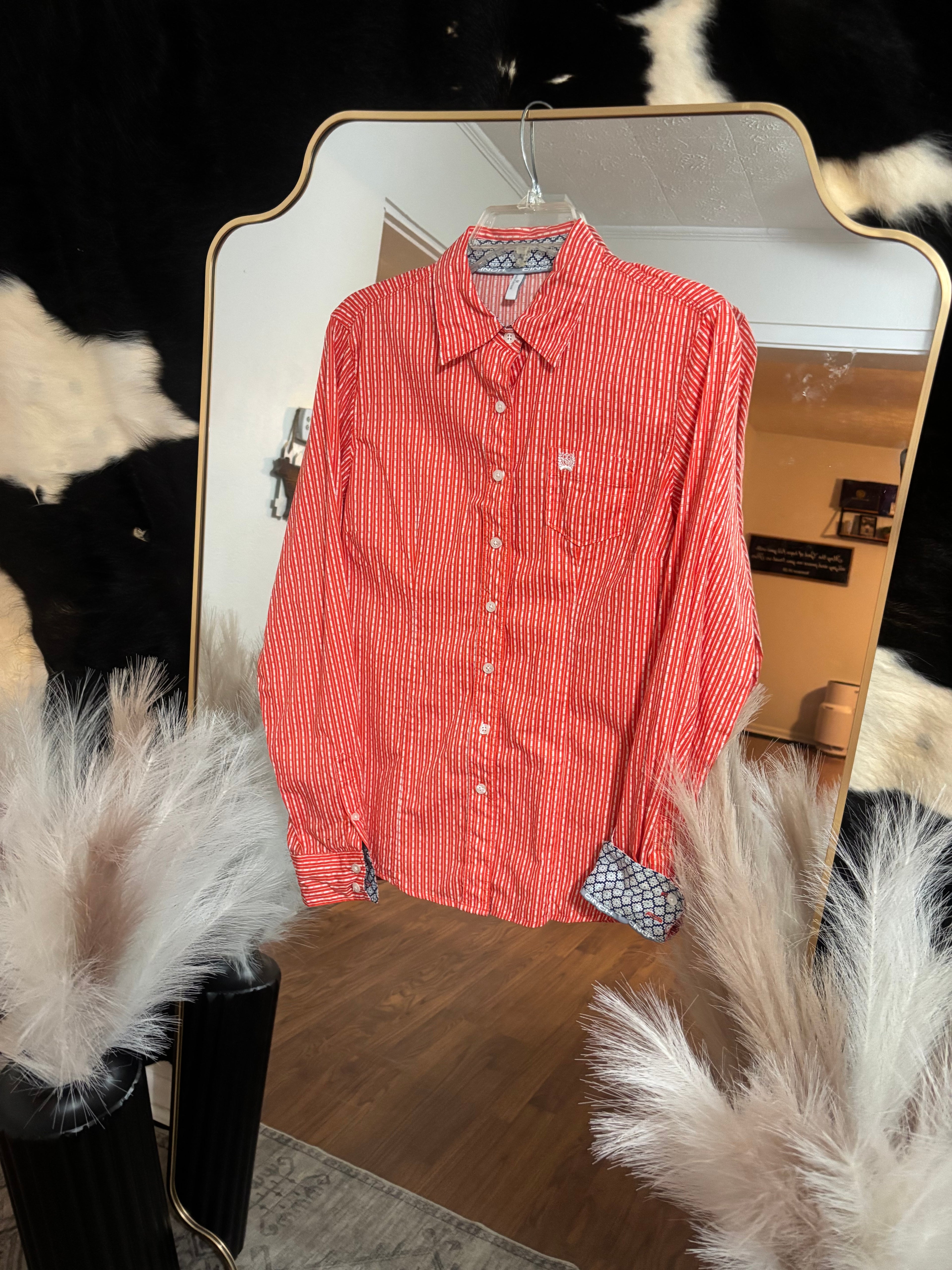 Medium Cinch Orange & White Patterned Long Sleeve