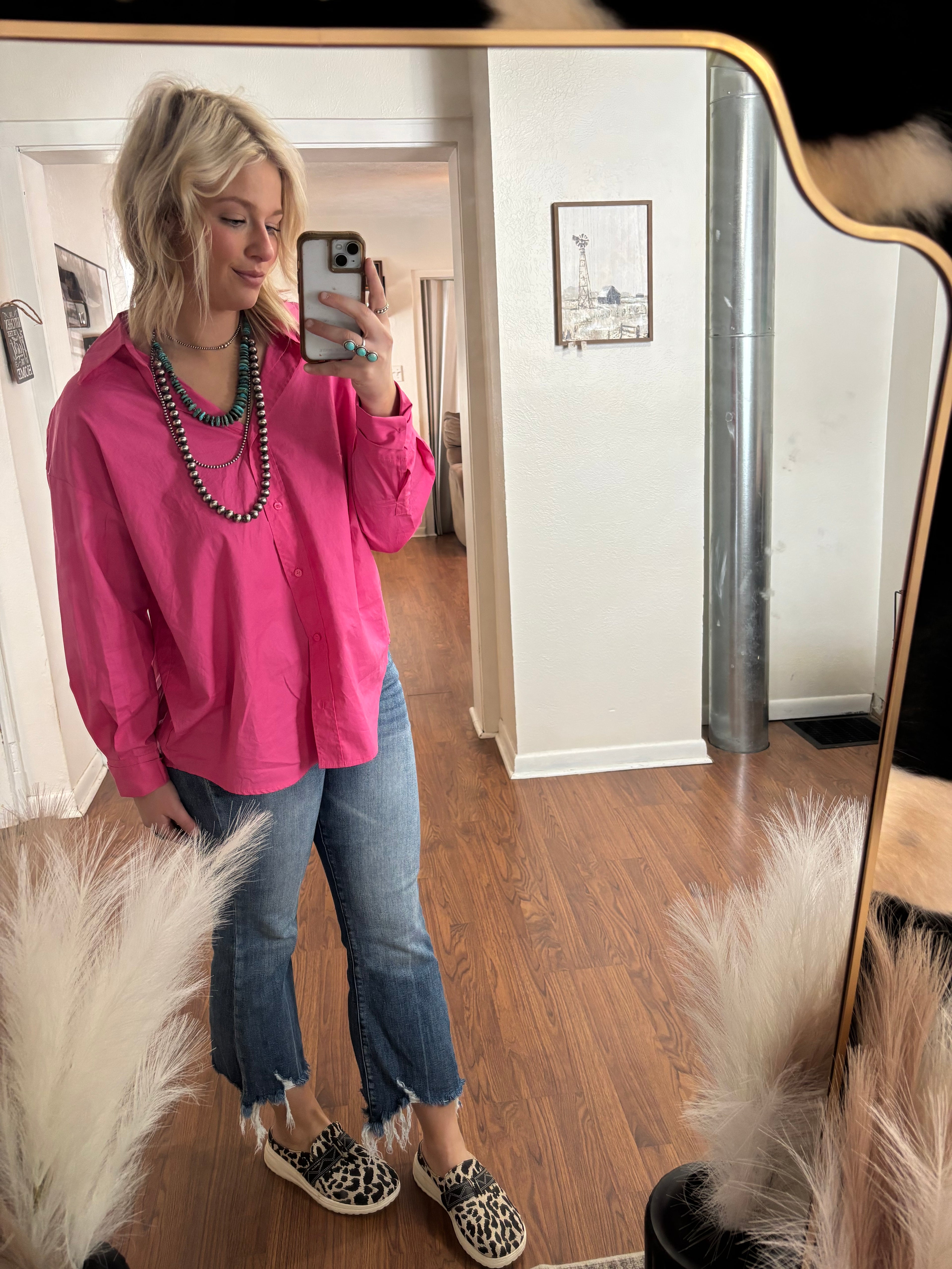 Tea & Cup Pink Long Sleeve Collard Button Up