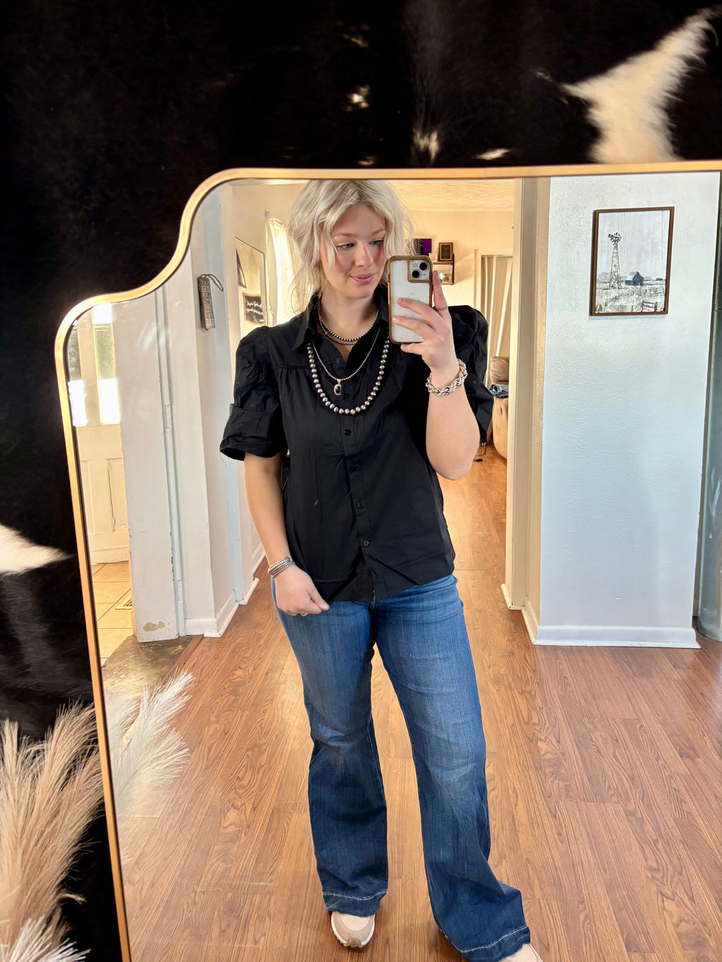 Black Frilly Puff Sleeve Collard Shirt