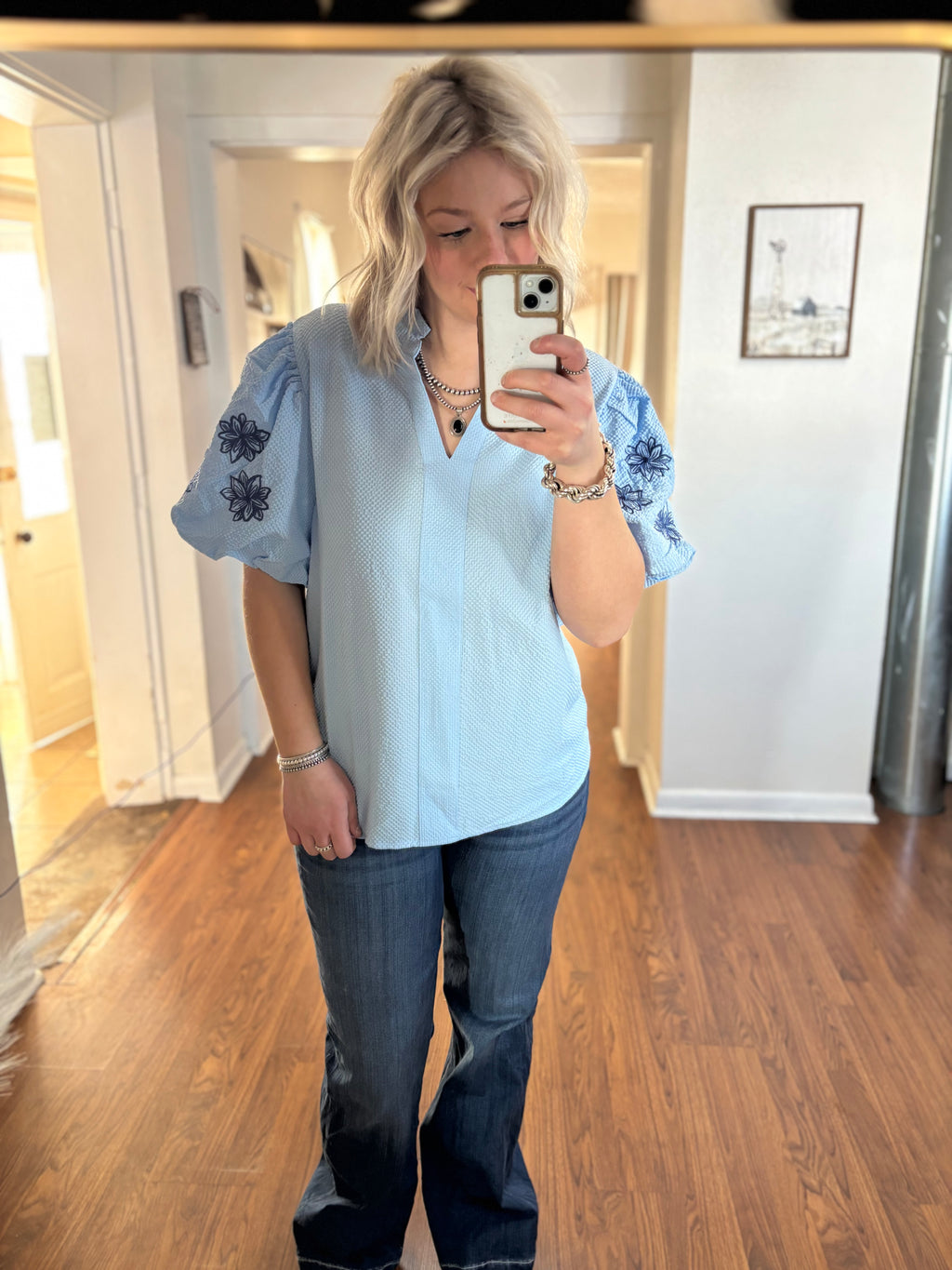 Blue Floral Puff Sleeve Blouse