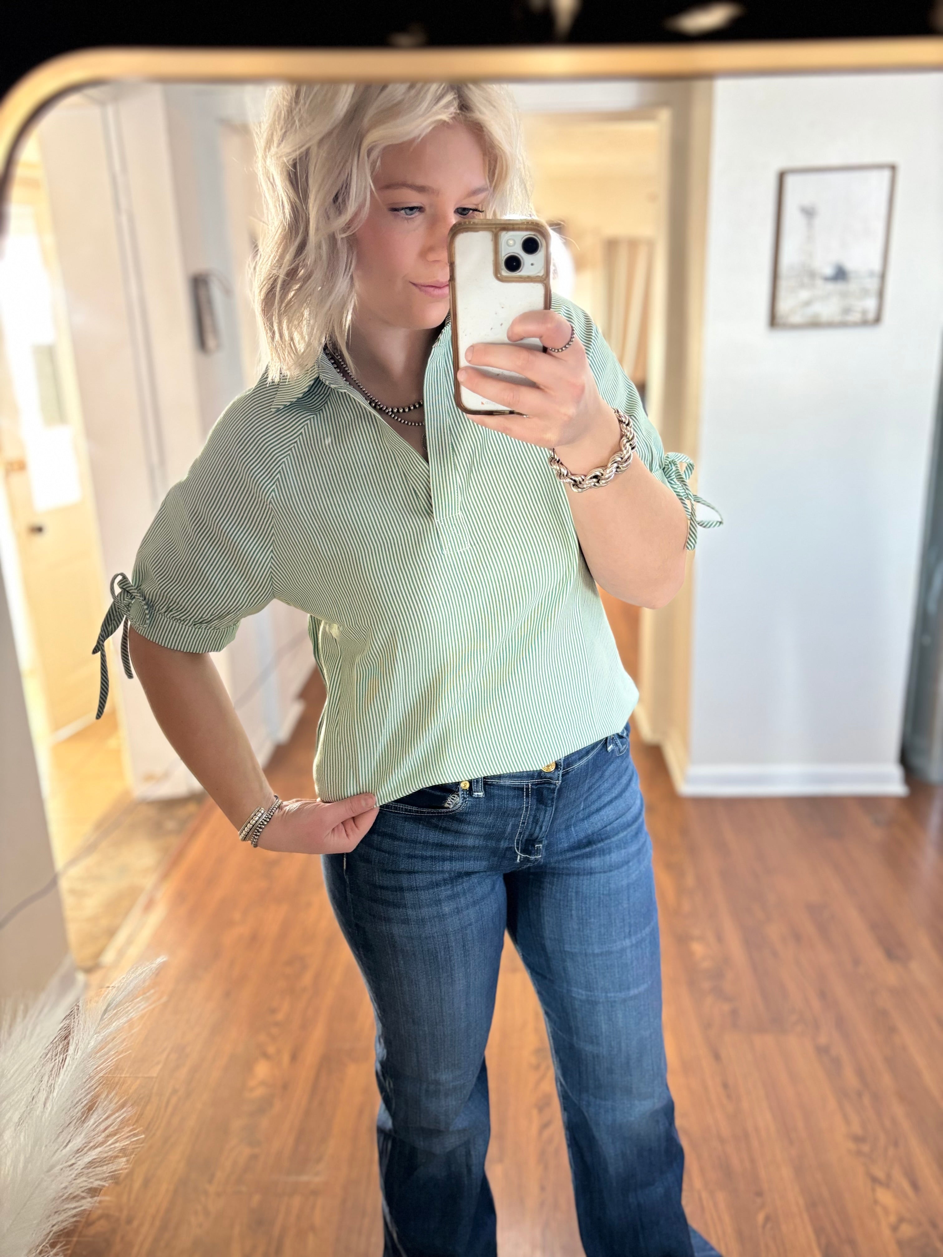 Green Stripped Short Sleeve Collard Shirt