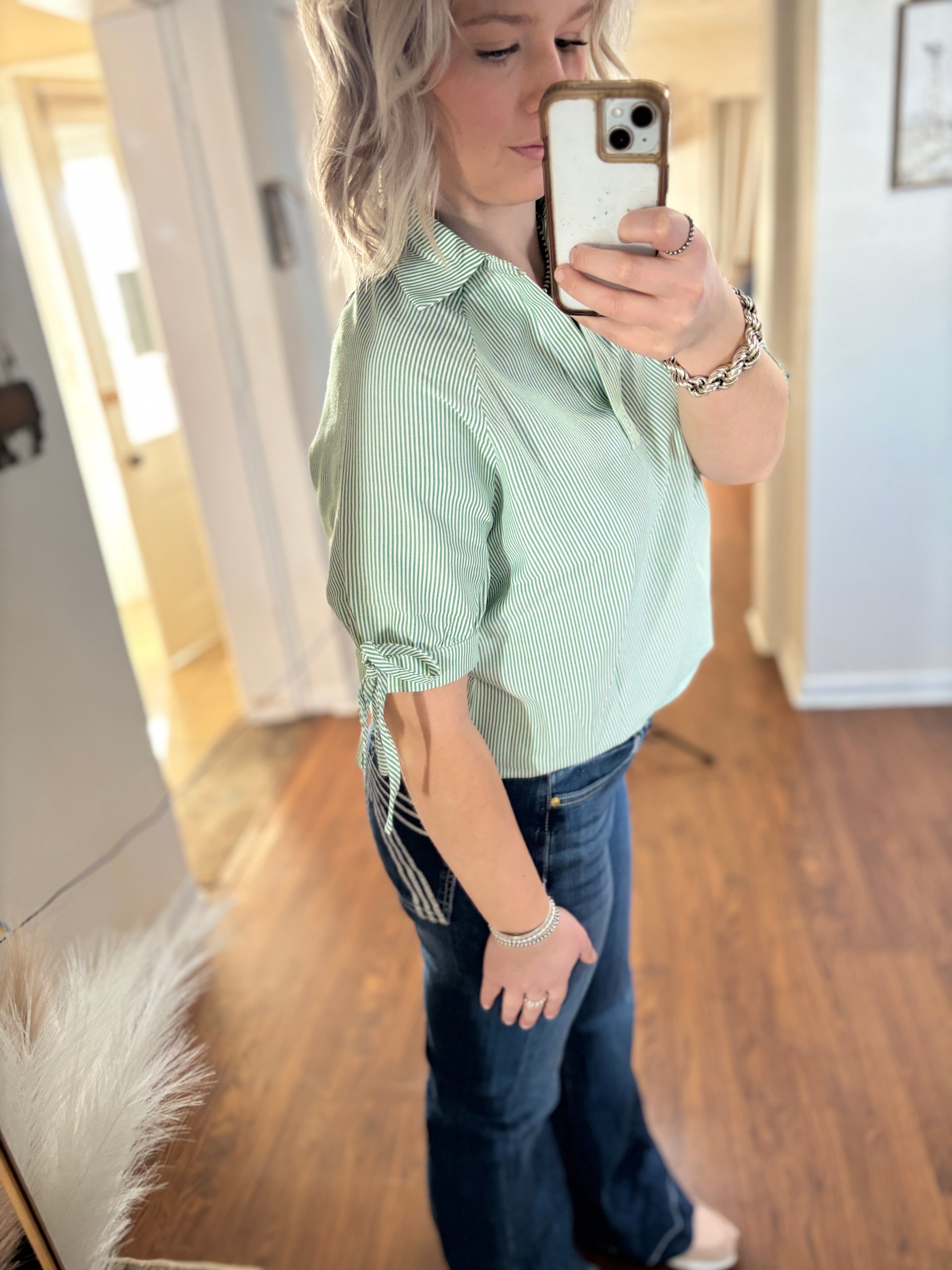 Green Stripped Short Sleeve Collard Shirt