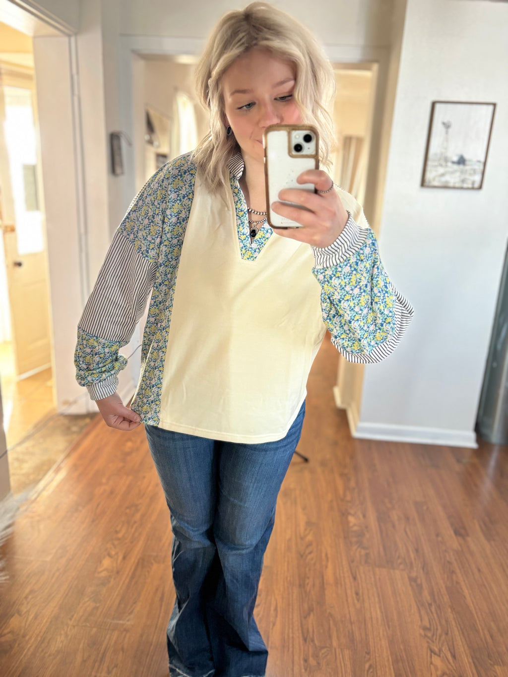 Beige Floral Striped Drop Sleeve Collared Boxy Fit Sweatshirt