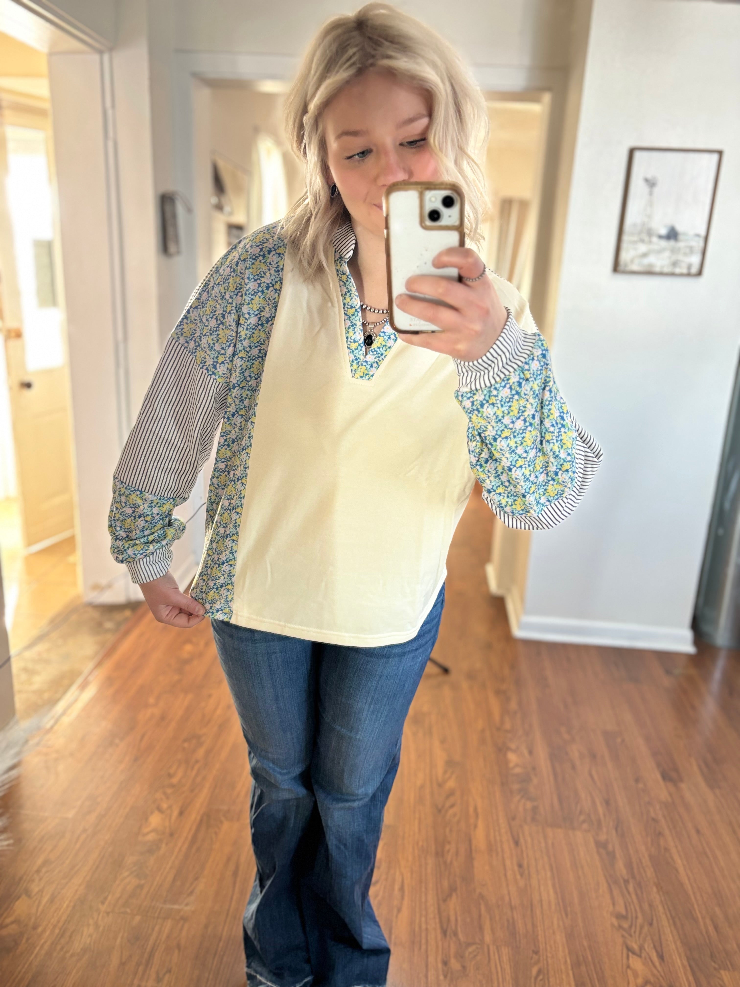 Beige Floral Striped Drop Sleeve Collared Boxy Fit Sweatshirt