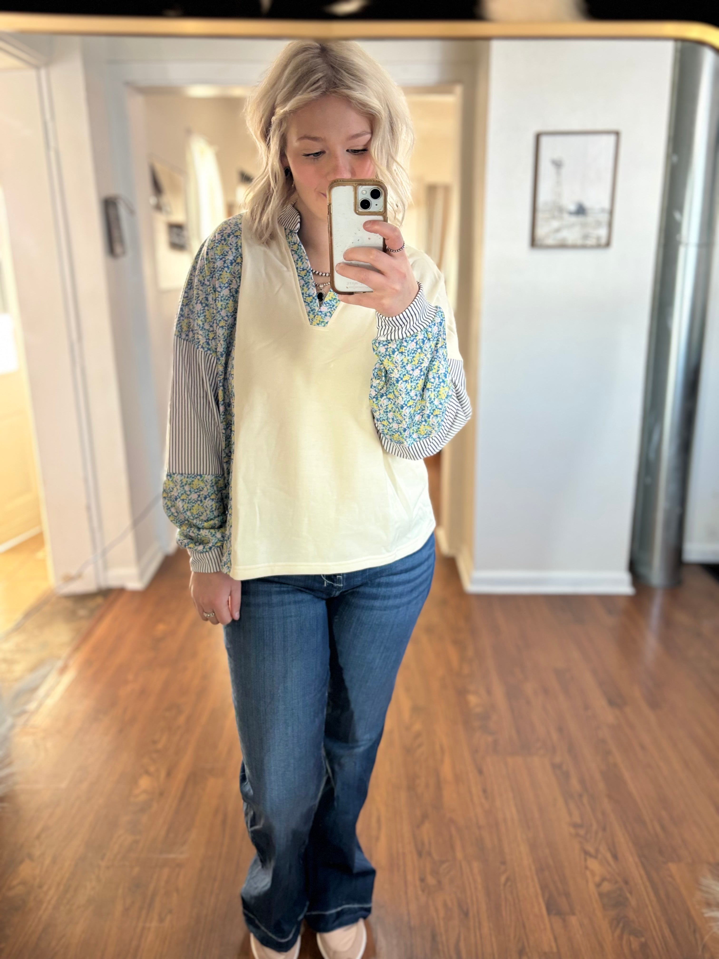 Beige Floral Striped Drop Sleeve Collared Boxy Fit Sweatshirt