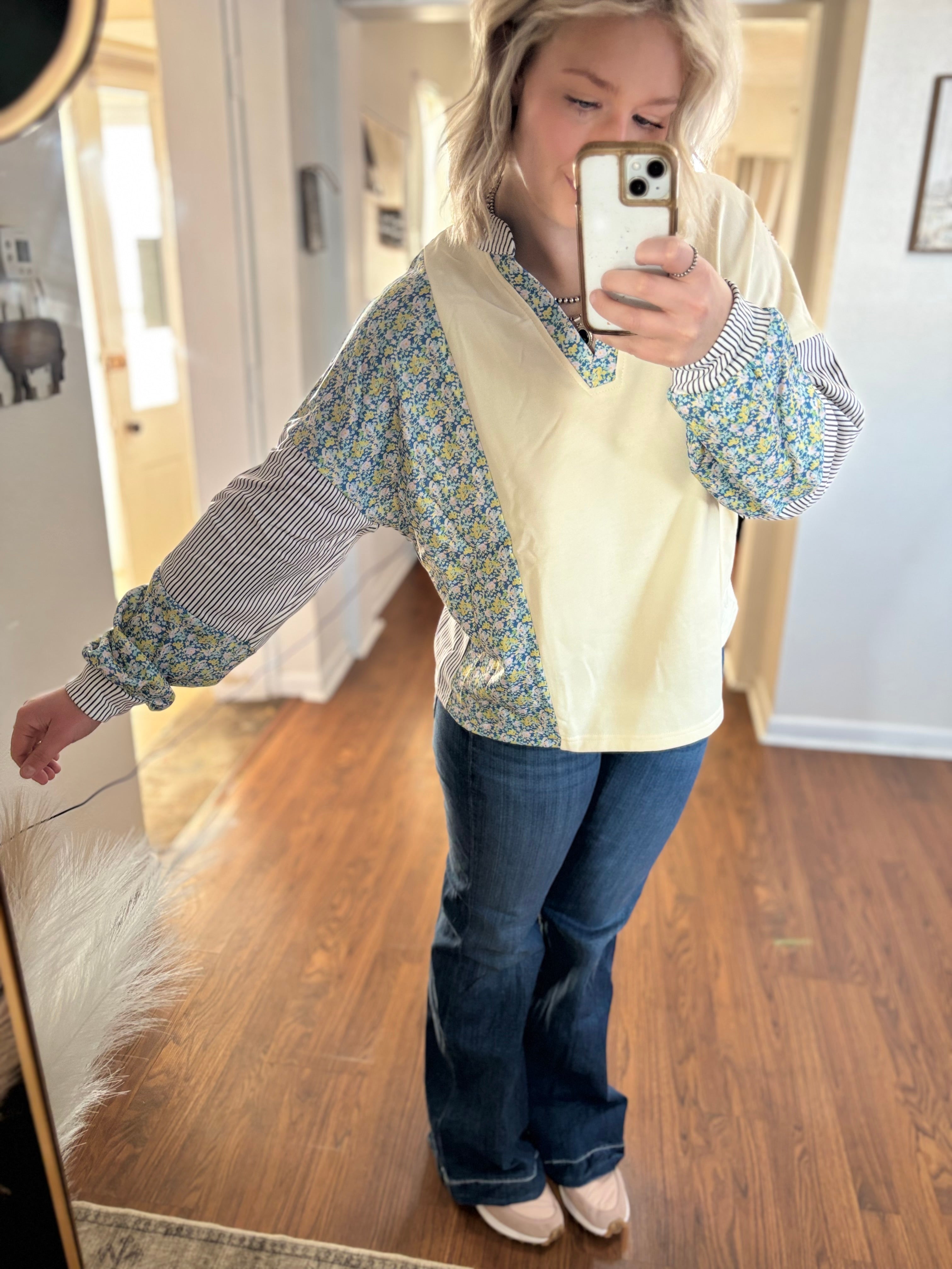 Beige Floral Striped Drop Sleeve Collared Boxy Fit Sweatshirt