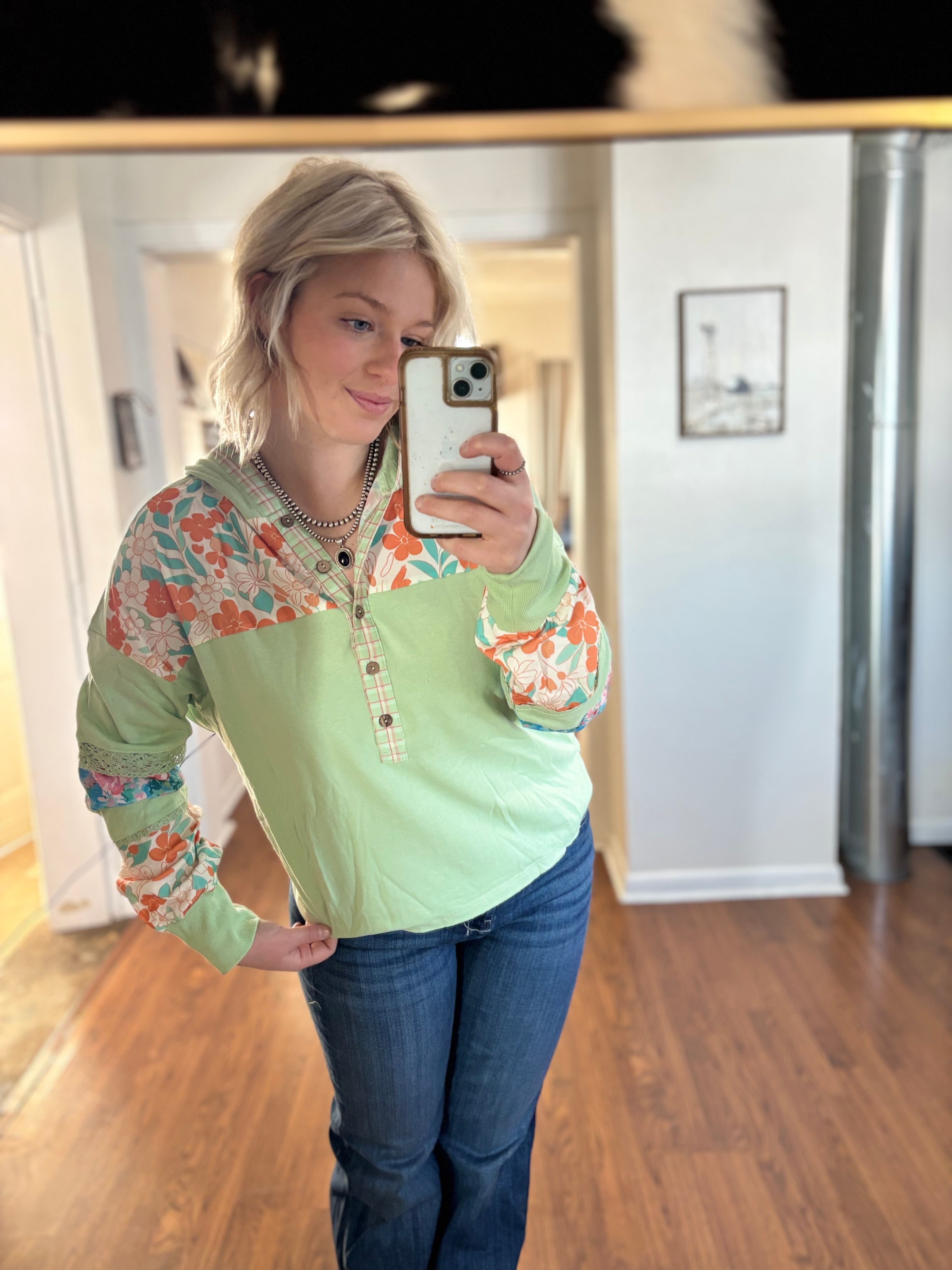 Green Floral Patchwork Sweatshirt
