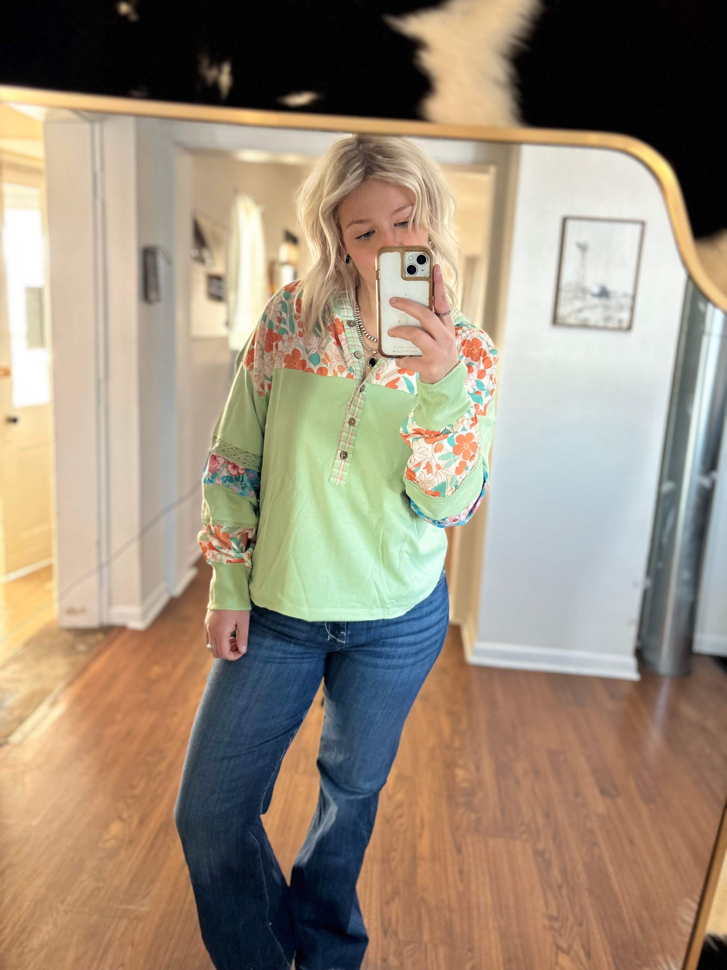 Green Floral Patchwork Sweatshirt