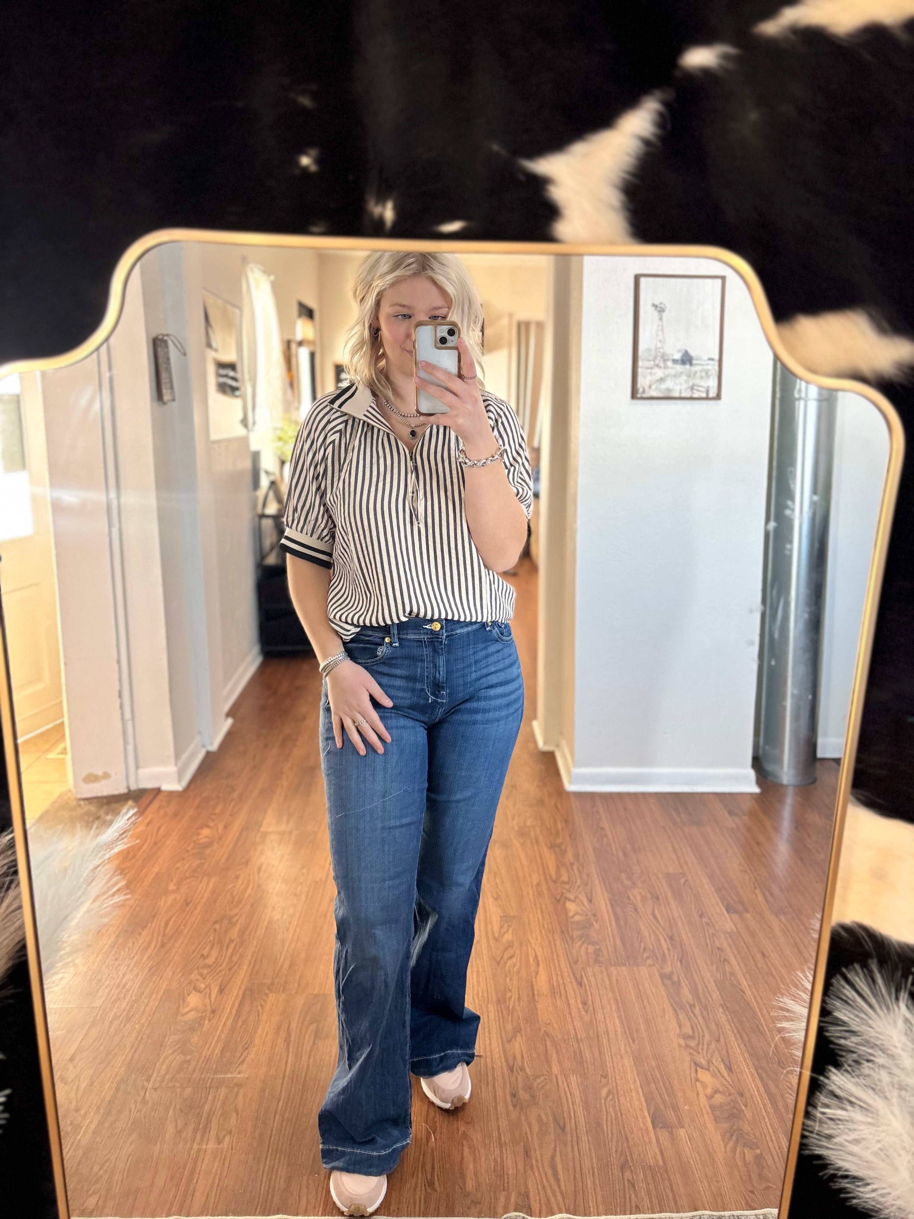 Black Stripped Puff Sleeve Quarter Zip Blouse