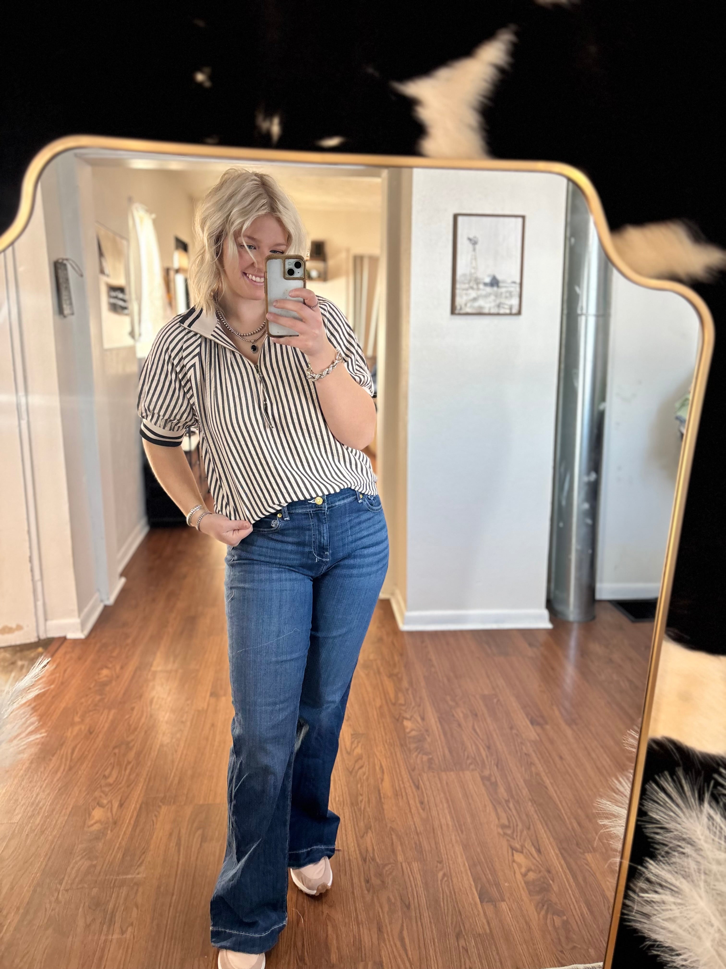 Black Stripped Puff Sleeve Quarter Zip Blouse