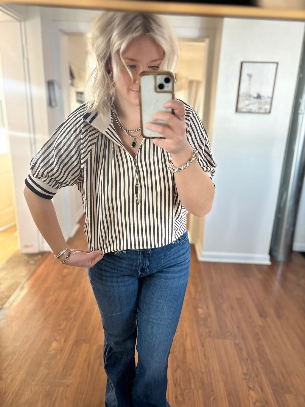 Black Stripped Puff Sleeve Quarter Zip Blouse