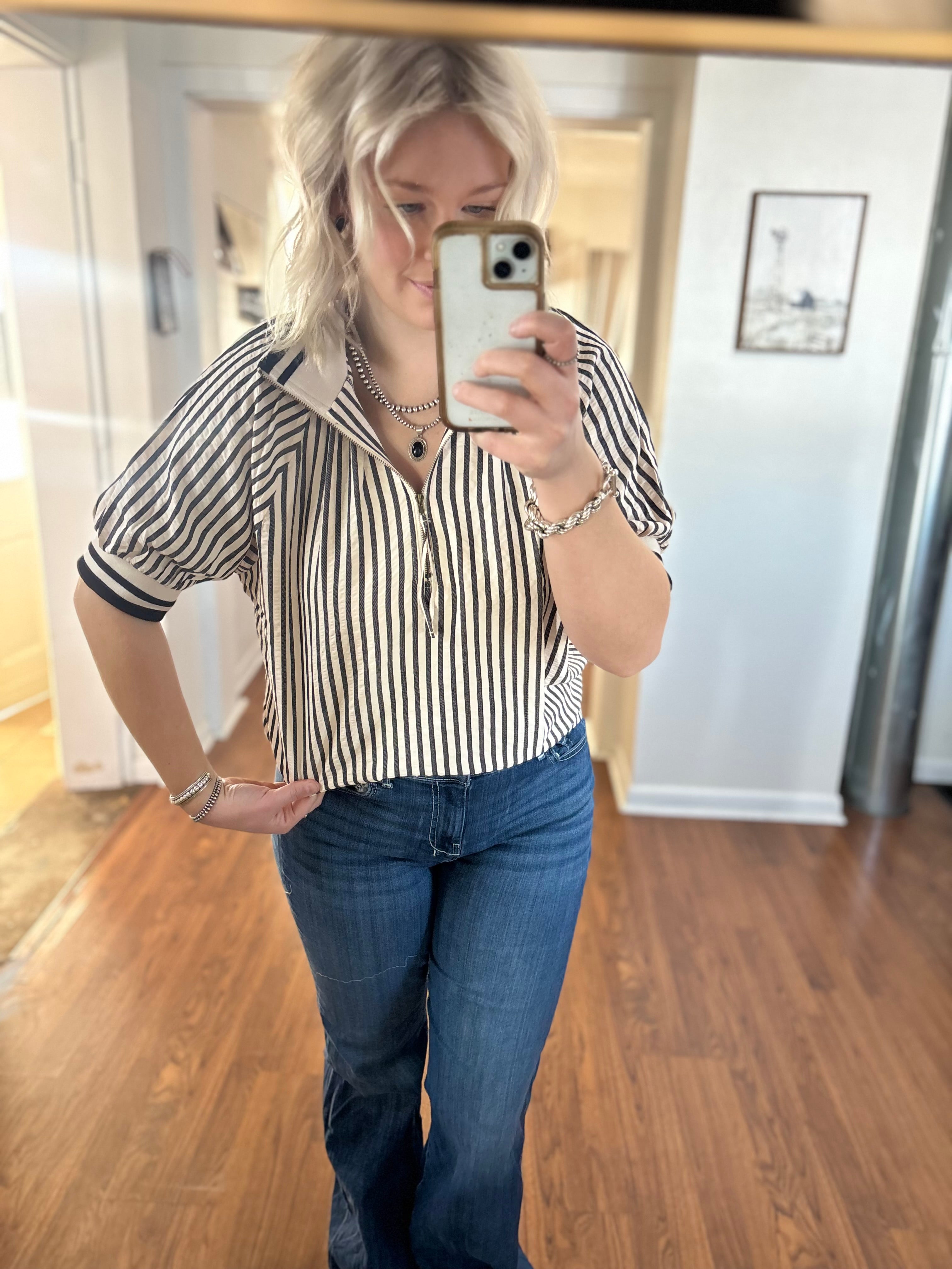 Black Stripped Puff Sleeve Quarter Zip Blouse