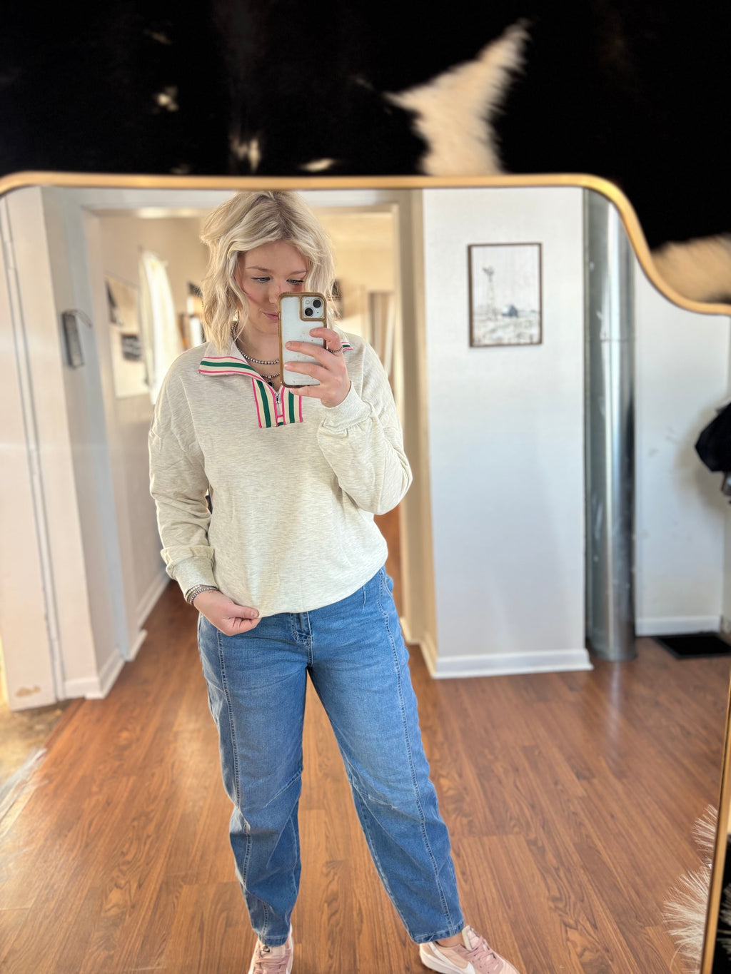 Light Grey Contrast Striped Patchwork Zip Collar Pullover Sweatshirt