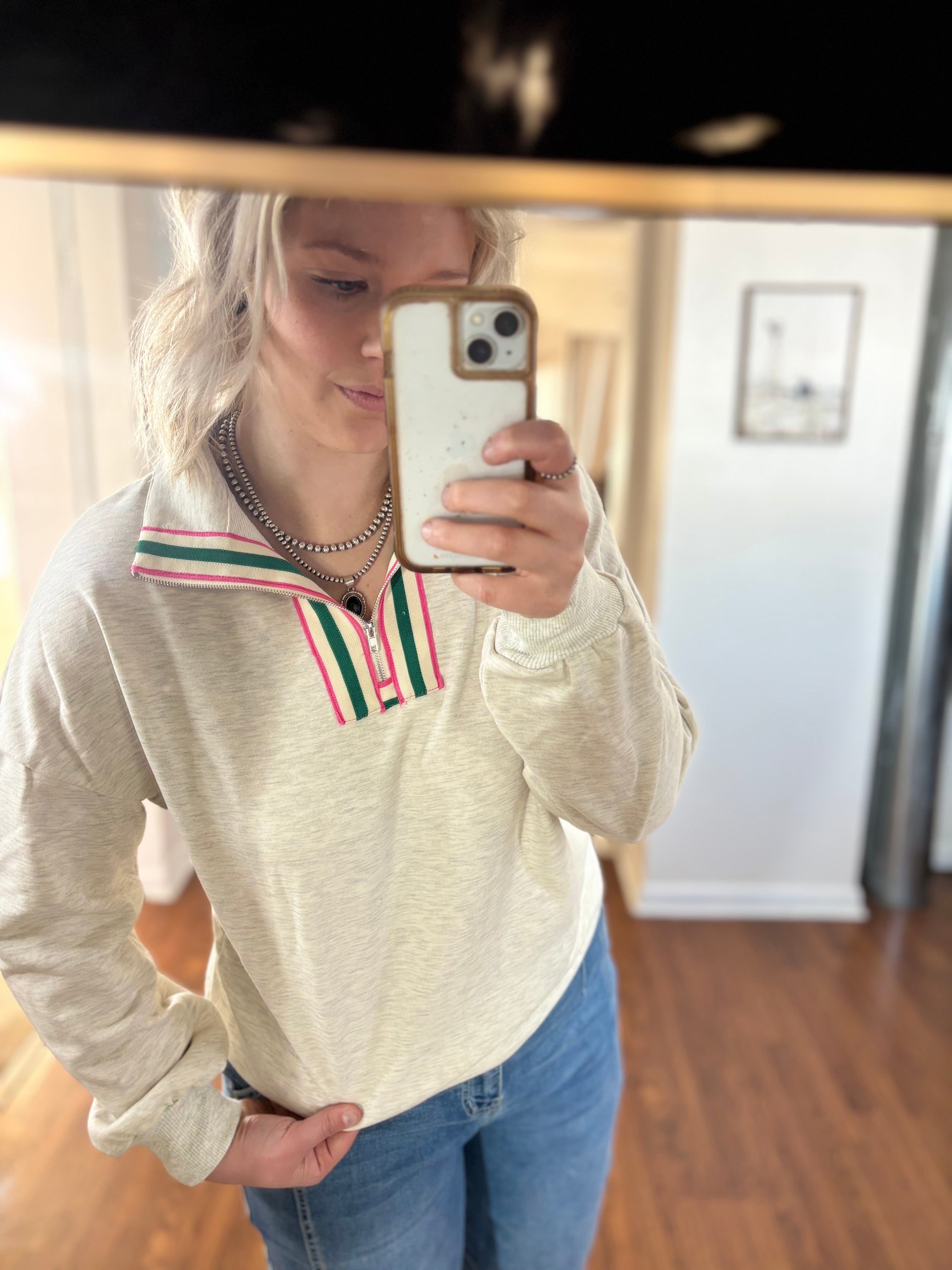 Light Grey Contrast Striped Patchwork Zip Collar Pullover Sweatshirt