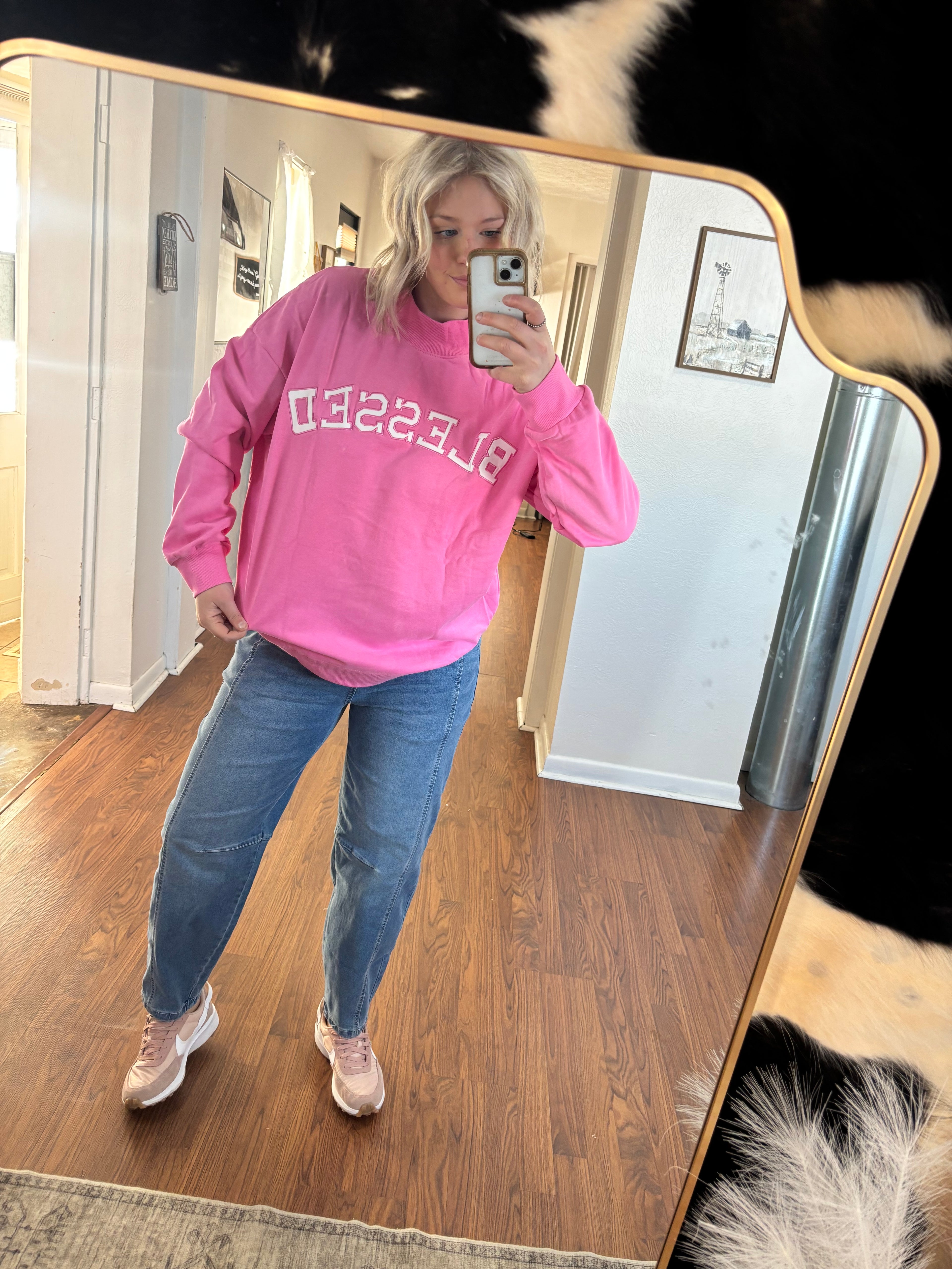 Bubblegum Pink Oversized Blessed Mock Neck Sweatshirt