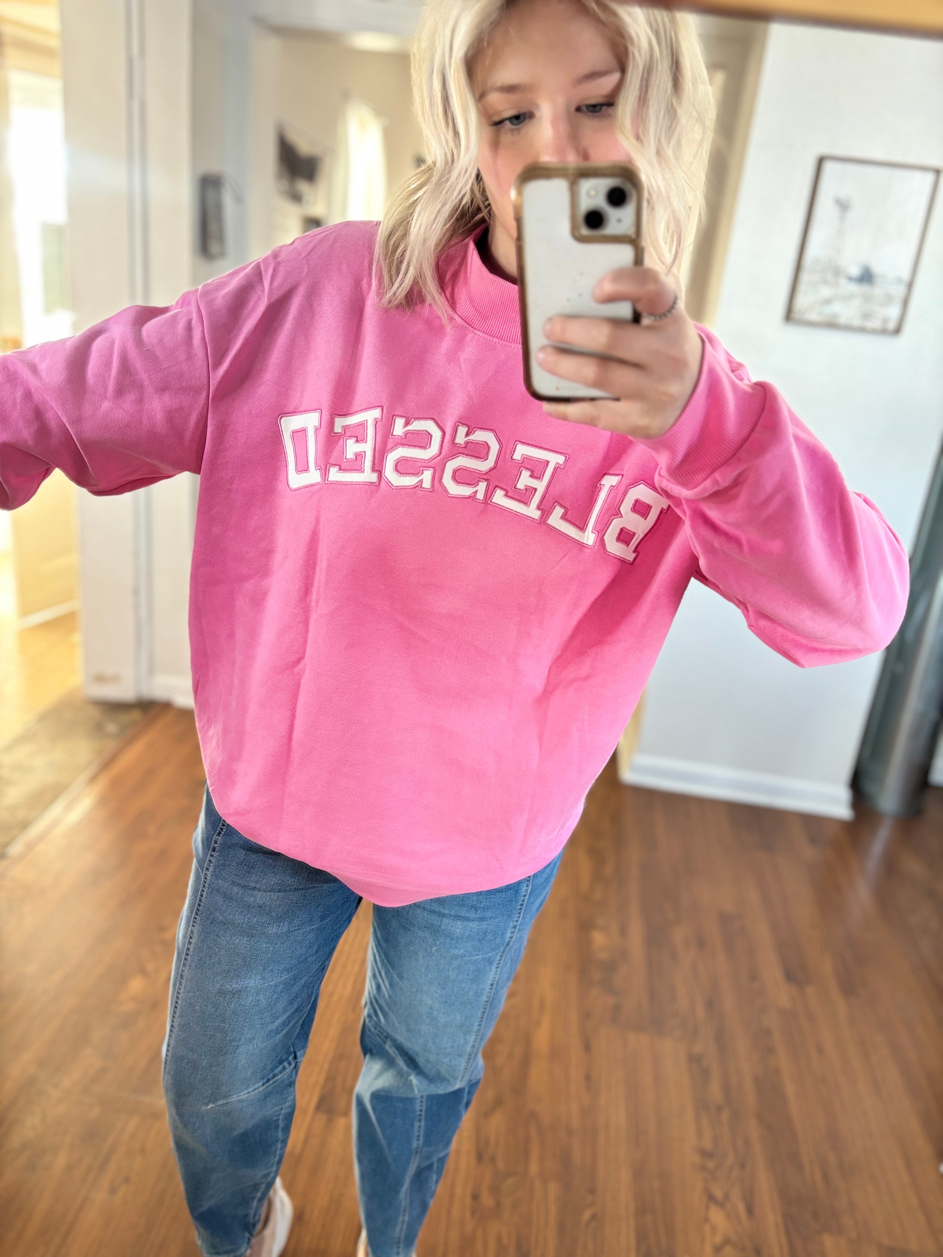 Bubblegum Pink Oversized Blessed Mock Neck Sweatshirt