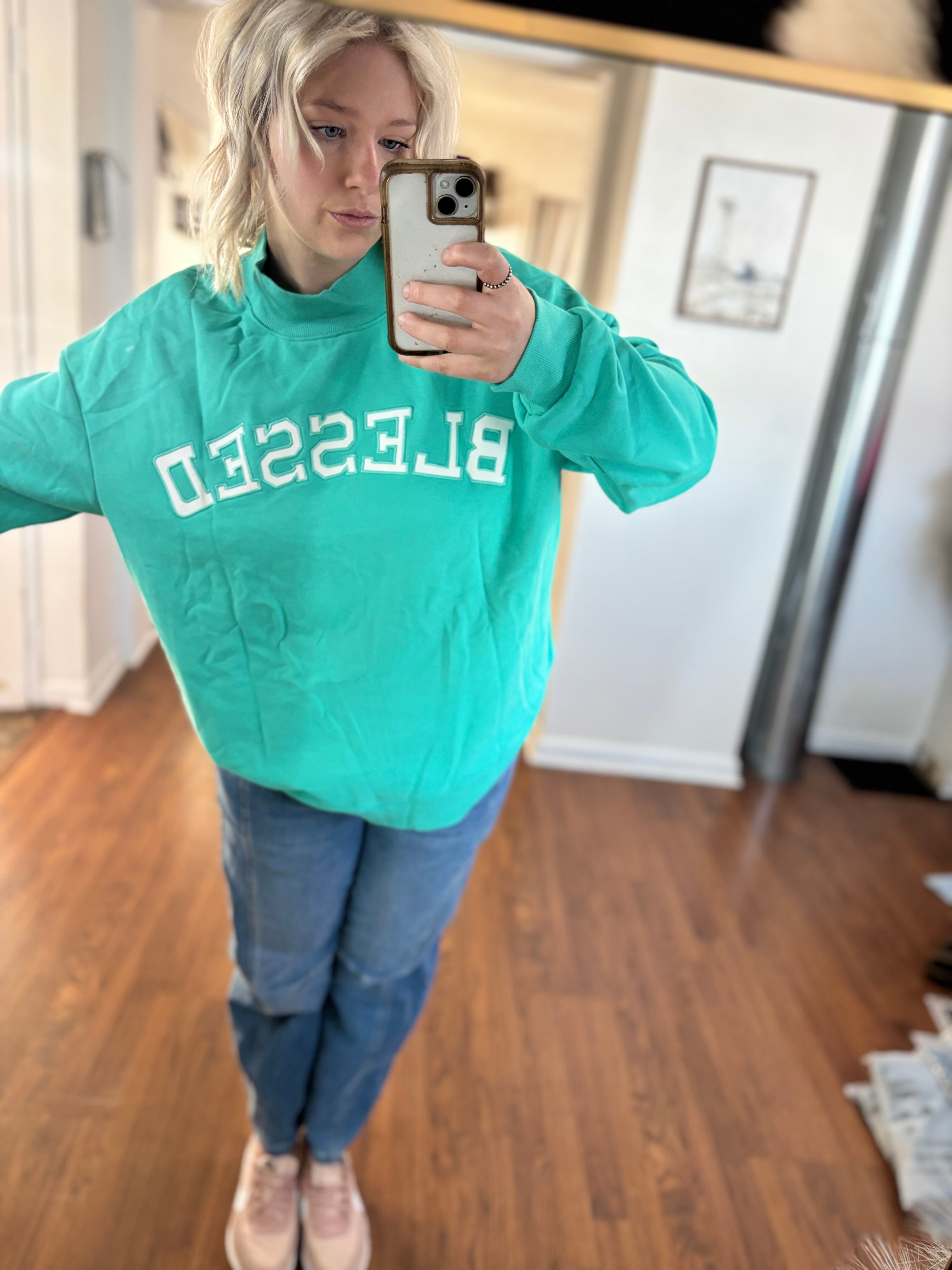 Green Blessed Oversized Mock Neck Sweatshirt