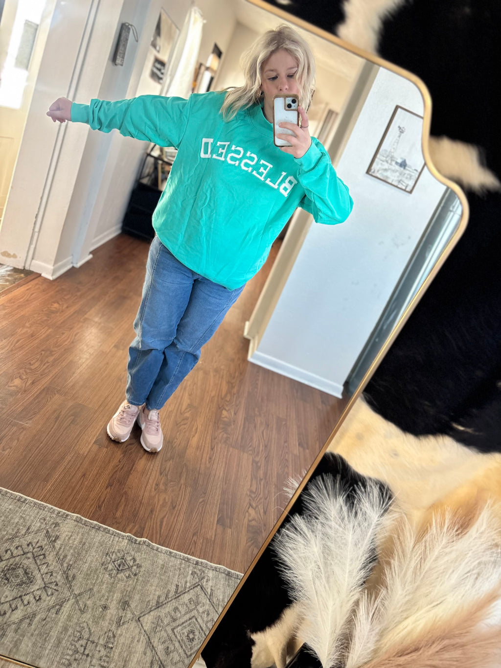 Green Blessed Oversized Mock Neck Sweatshirt