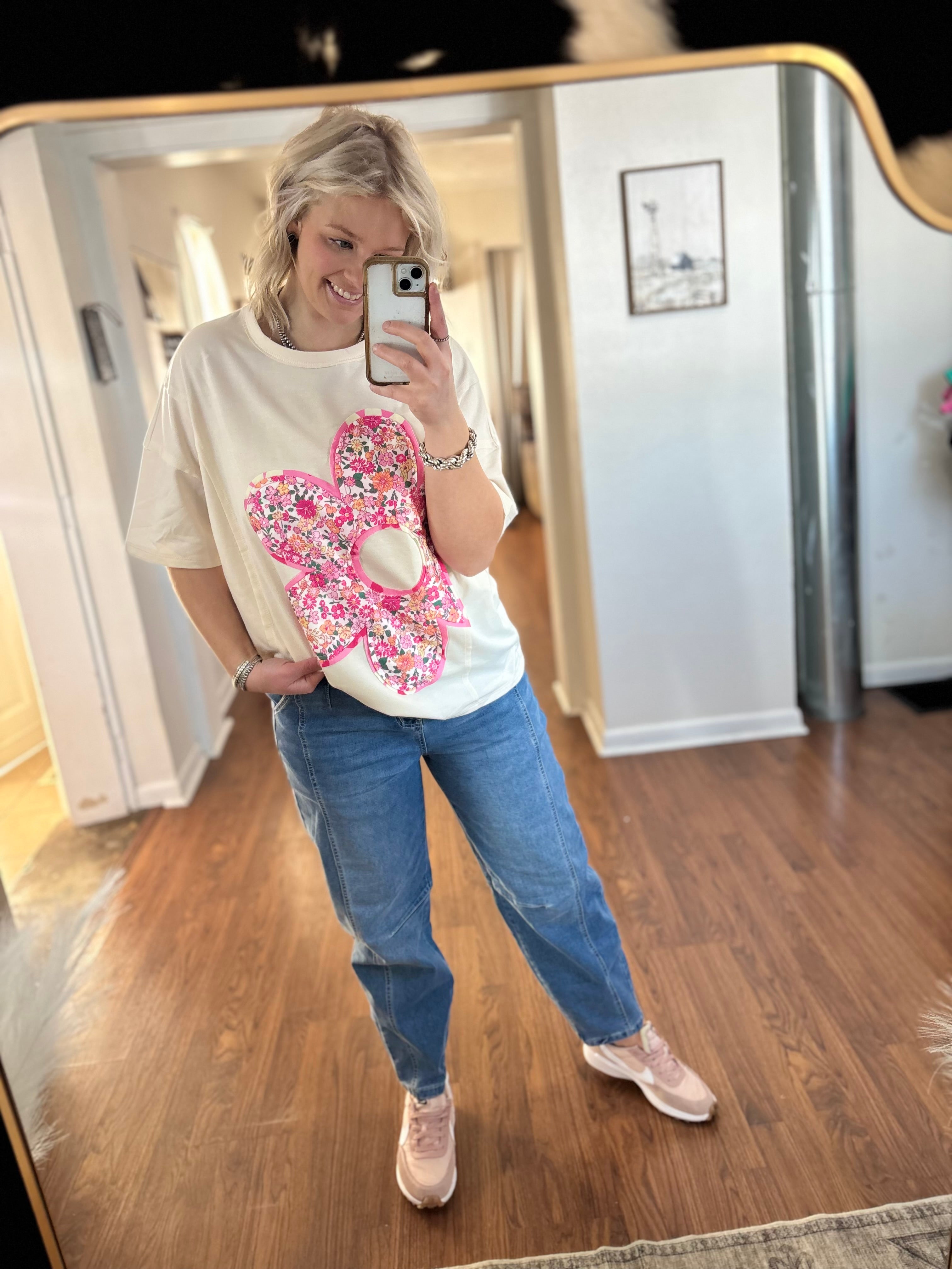 White Floral Patch Work Oversized T-Shirt