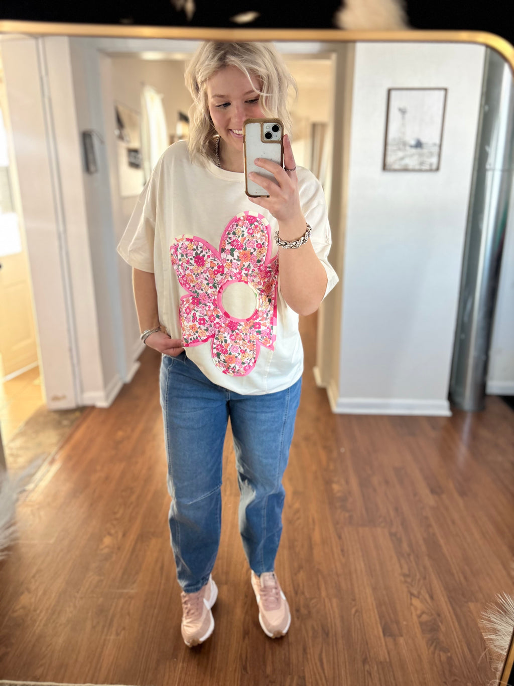 White Floral Patch Work Oversized T-Shirt