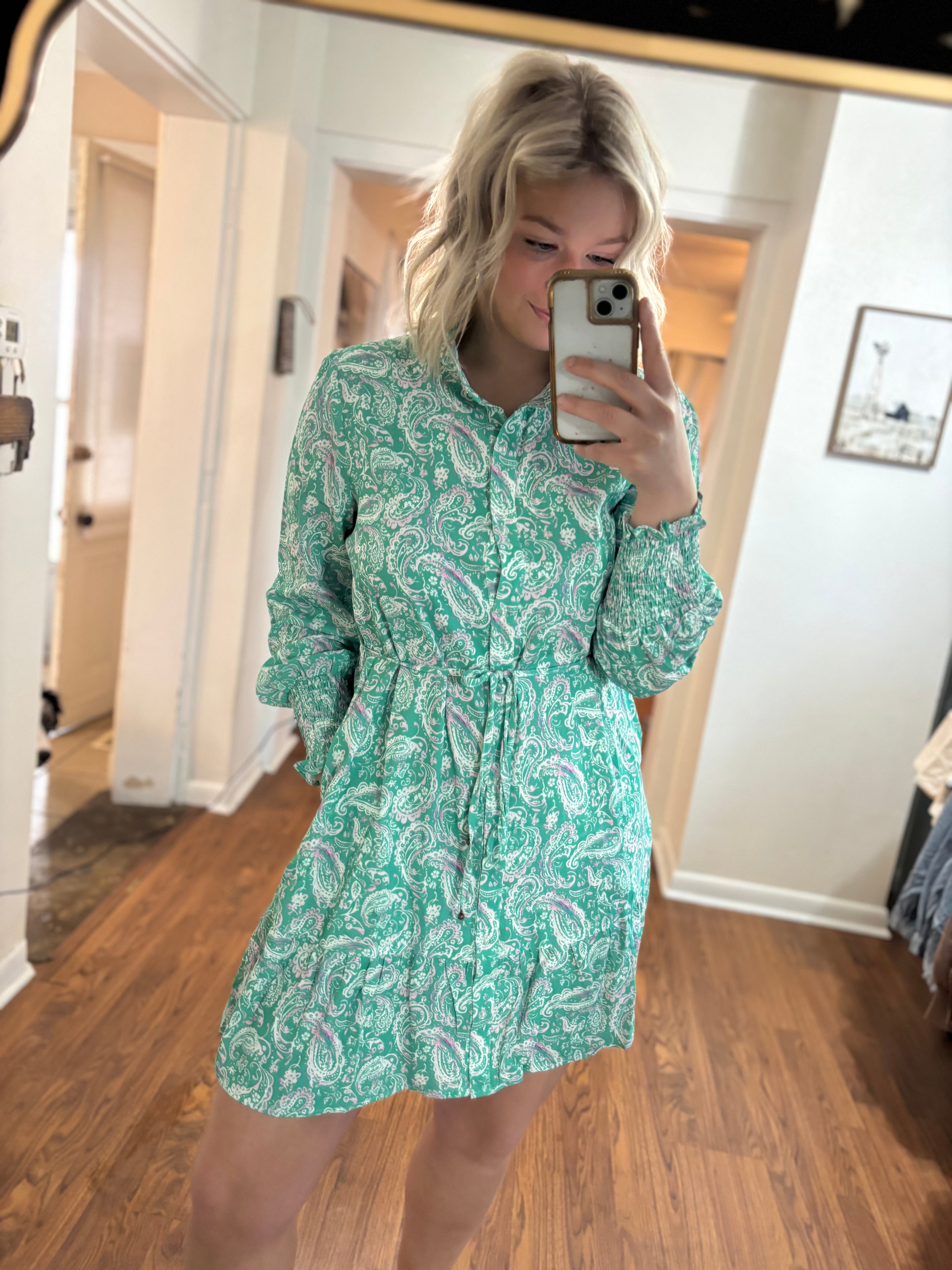 Green Paisley Long Sleeve Dress