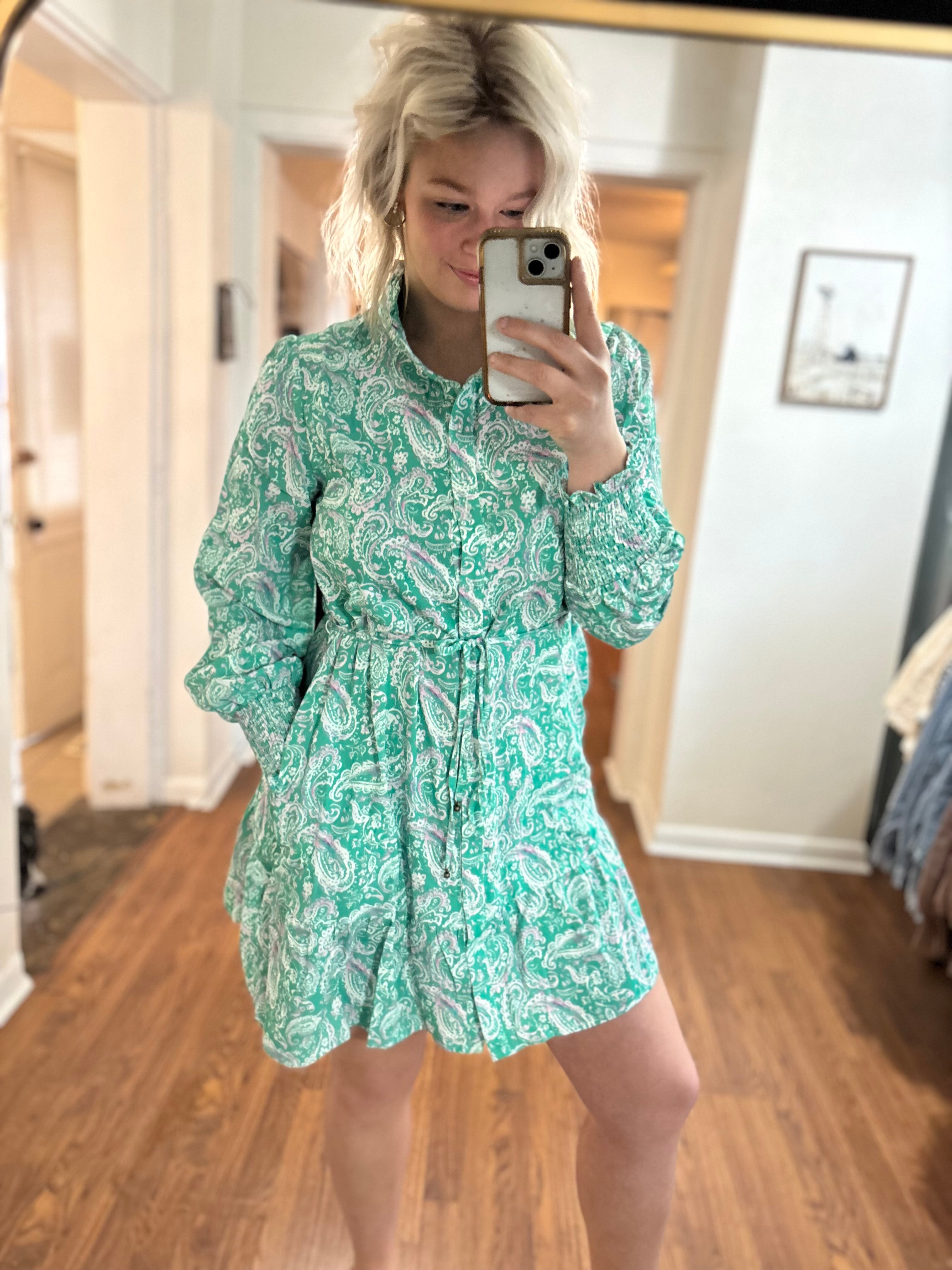 Green Paisley Long Sleeve Dress