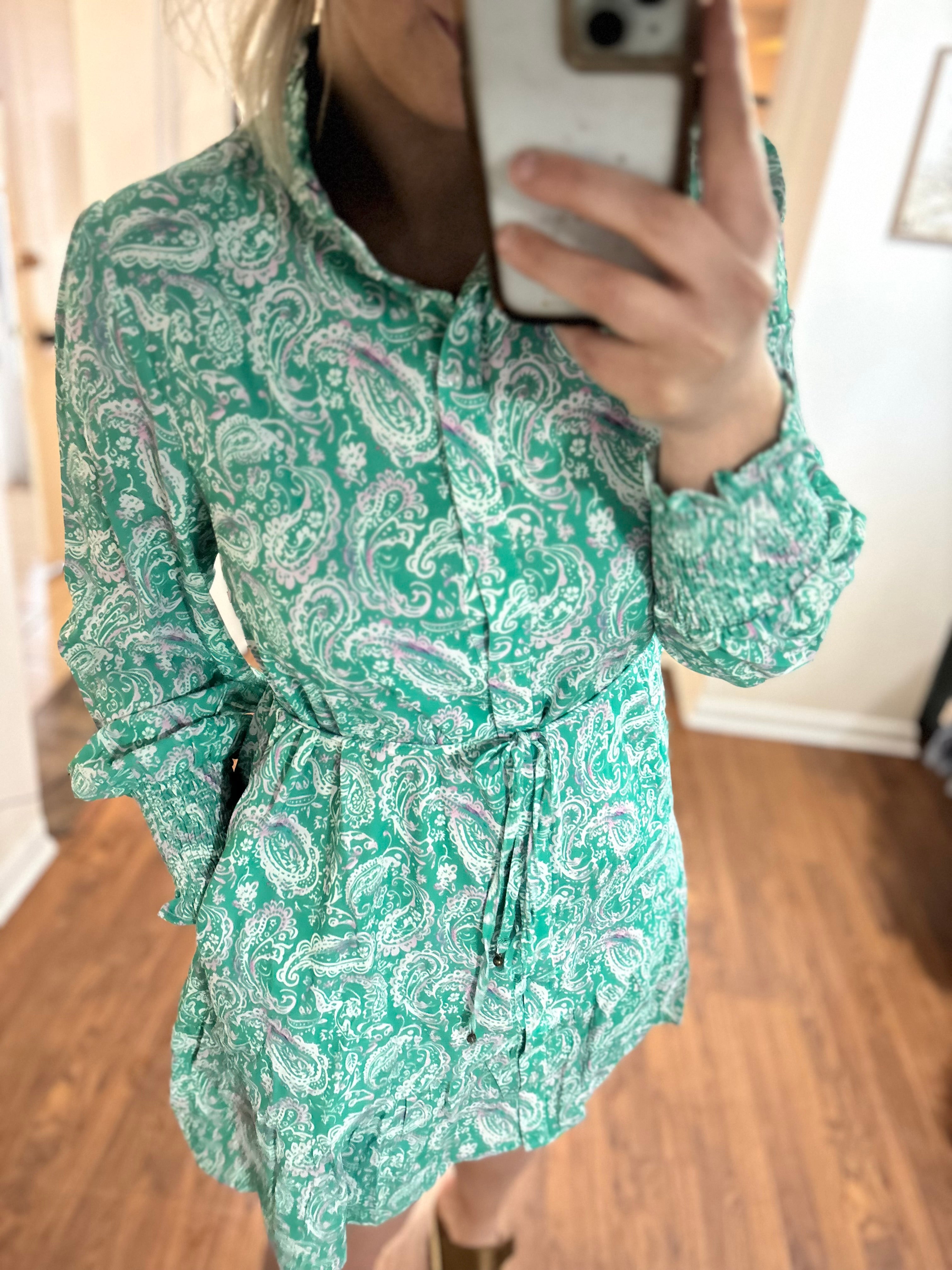 Green Paisley Long Sleeve Dress